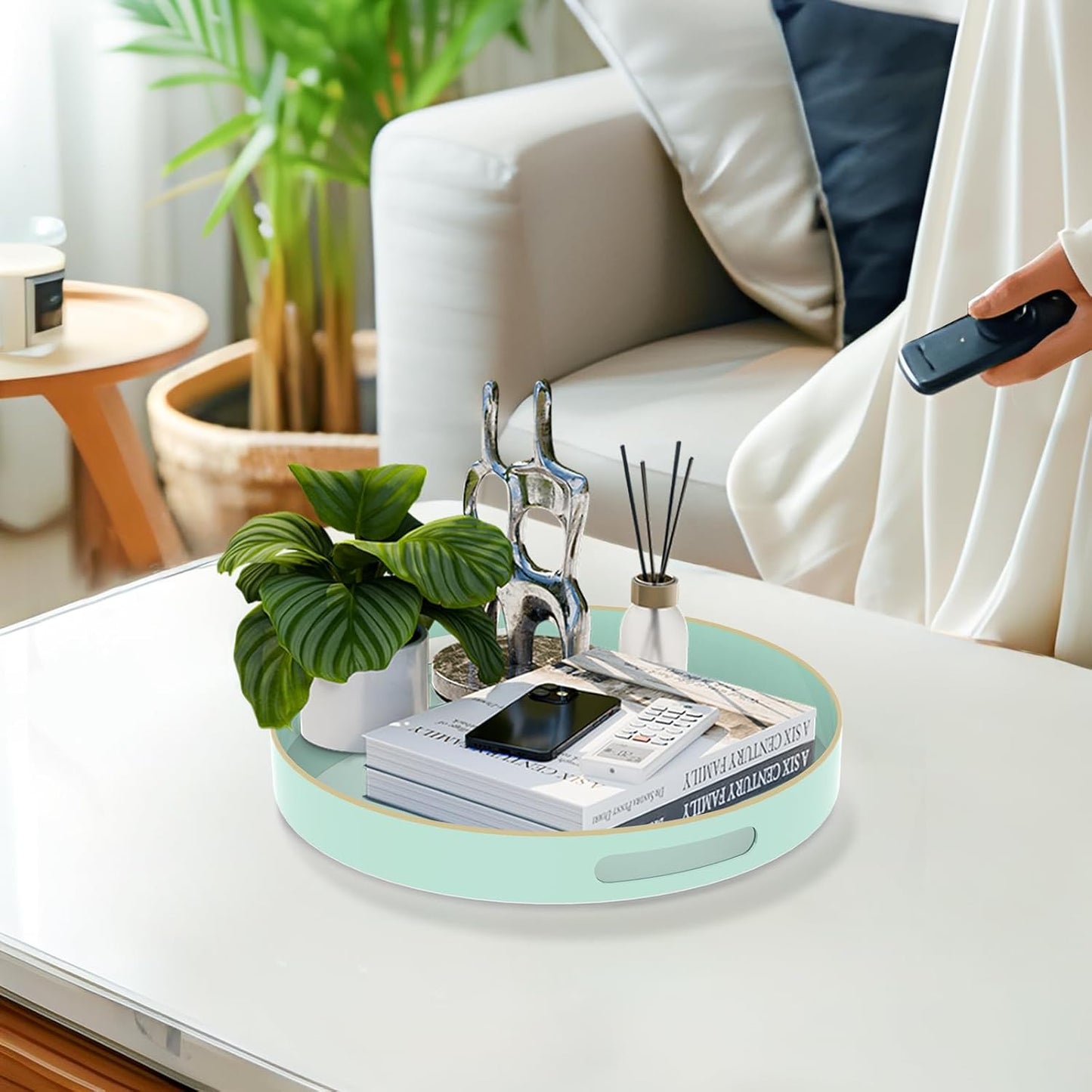 MAONAME Mint Green Decorative Tray for Coffee Table, Modern Round Serving Trays with Handles, 13" Plastic Tea Trays for Ottoman, Bathroom Decor