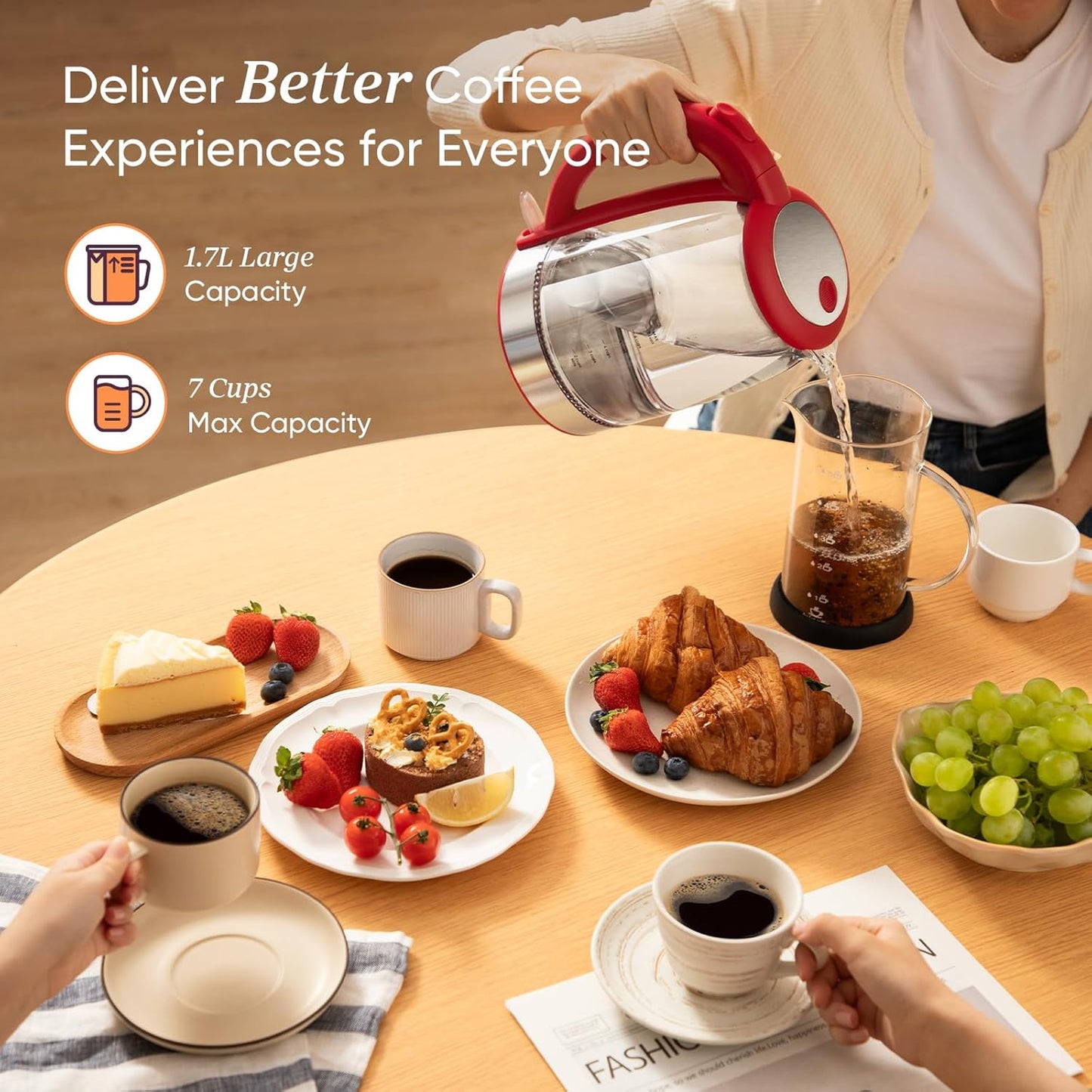 Cosori Electric Kettle, No Plastic Filter & Spout, Tea Kettle & Hot Water Boiler For Coffee & Tea, Water Heater & Teapot, Automatic Shut Off, Borosilicate glass, Red, 1.7L/1500W