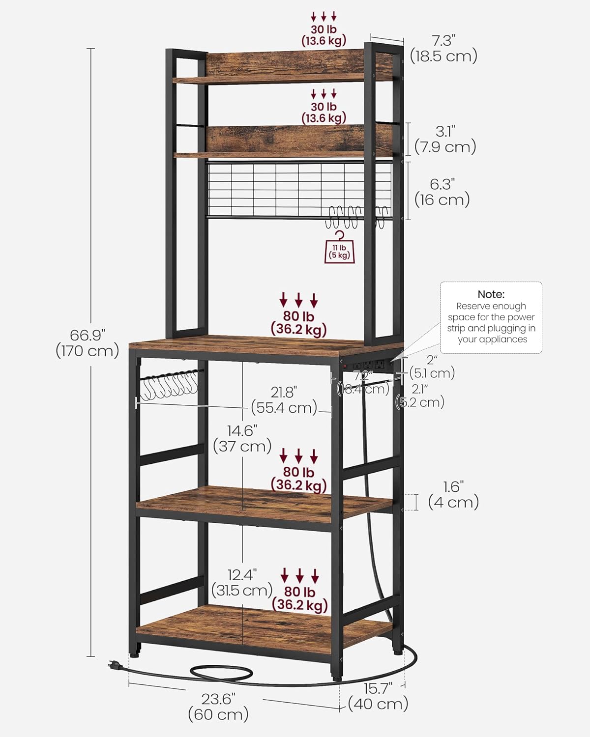 VASAGLE Hutch Bakers Rack with Power Outlet, 14 Hooks Microwave Stand, Adjustable Coffee Bar with Metal Wire Panel, Kitchen Storage Shelf, 15.7 x 23.6 x 66.9 Inches, Rustic Brown and Black UKKS037B01