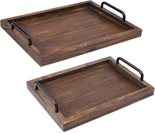 LIBWYS Rustic Wooden Serving Trays with Handle-Set of 2-Decorative Nesting Food Board Platters for Breakfast, Coffee Table/Butler (Large 15.8x11.8x1.2 inches, Small 13.4x9.4 x1.2 inches)