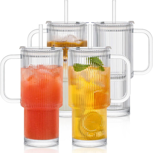 INSETLAN 26oz Ribbed Glass Tumbler with Handle & Lid – 4-Pack Large Iced Coffee Cups with Straws, Modern Glass Mug for Cold & Hot Beverages, Aesthetic Travel Cup for Smoothies, Tea, and Juice