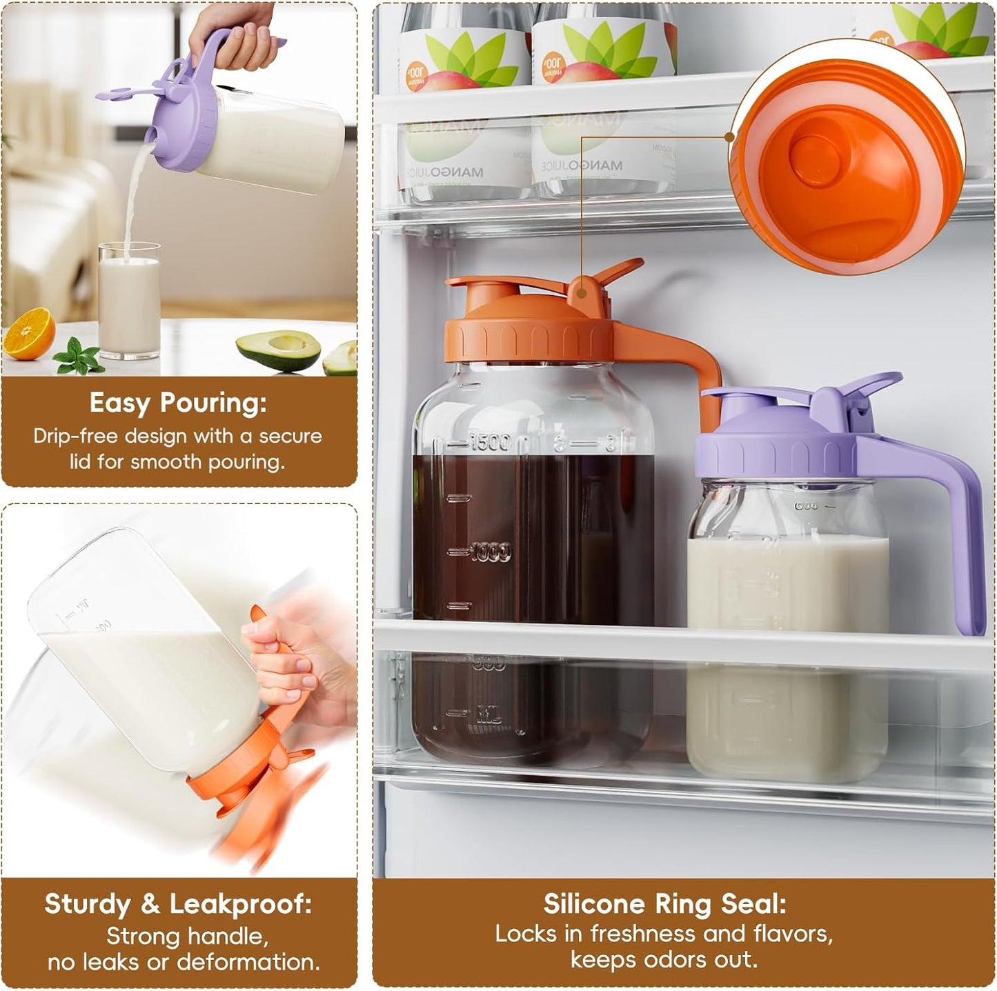 Glass Mason Jar Pitcher, 64 oz Wide Mouth Jug with Pour Spout Handle Lid for Cold Brew Coffee, Ice Beverage, Iced Juice, Lemonade, Sun Tea, Fruit Drinks Container（Purple）