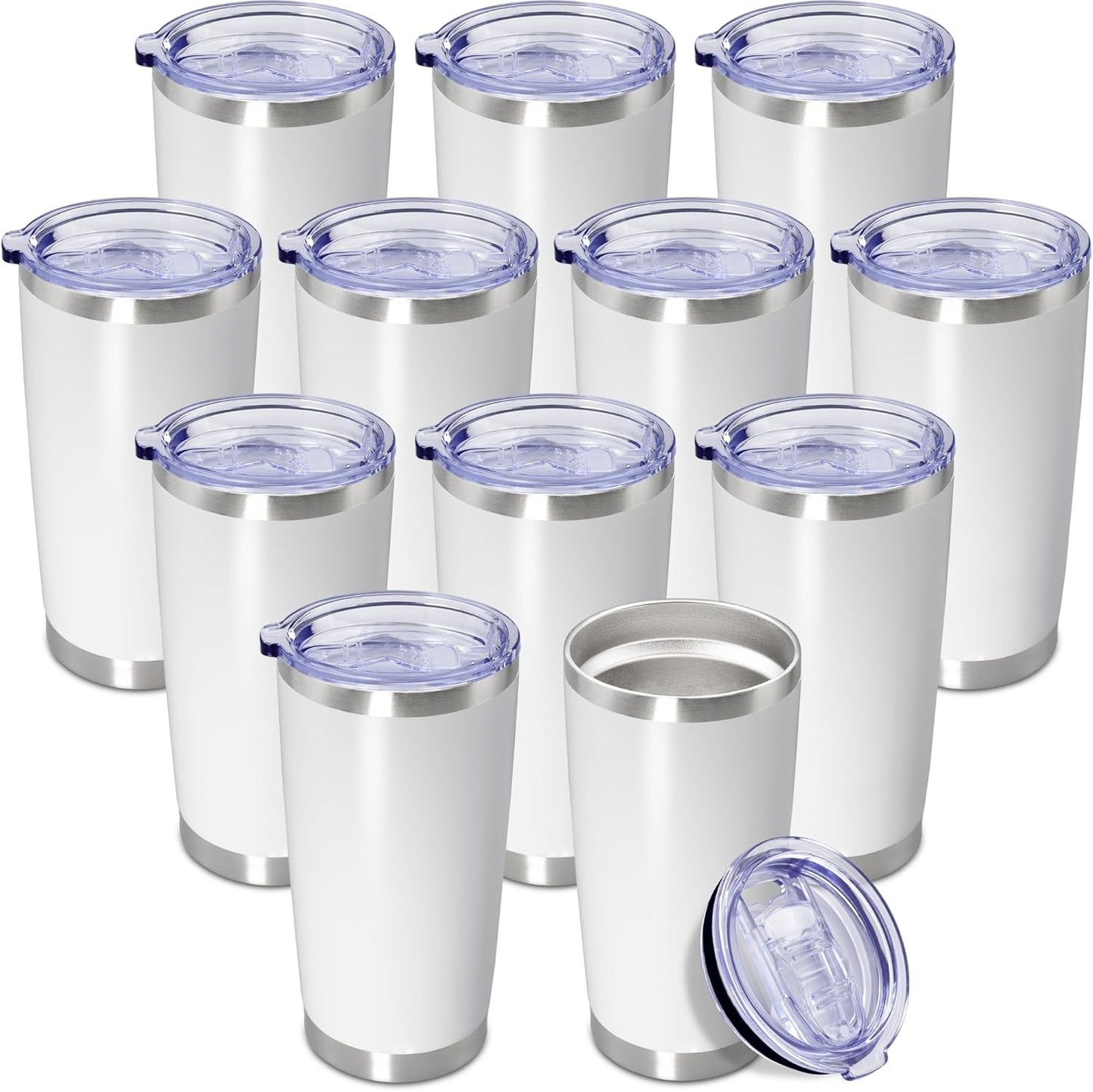 20 oz Tumbler Coffee Tavel Tumblers Bulk with Lid Stainless Steel Double Wall Vacuum Insulated Mug Powder Coated Cups fit Car Cupholder for Hot and Cold - White, 12Pack