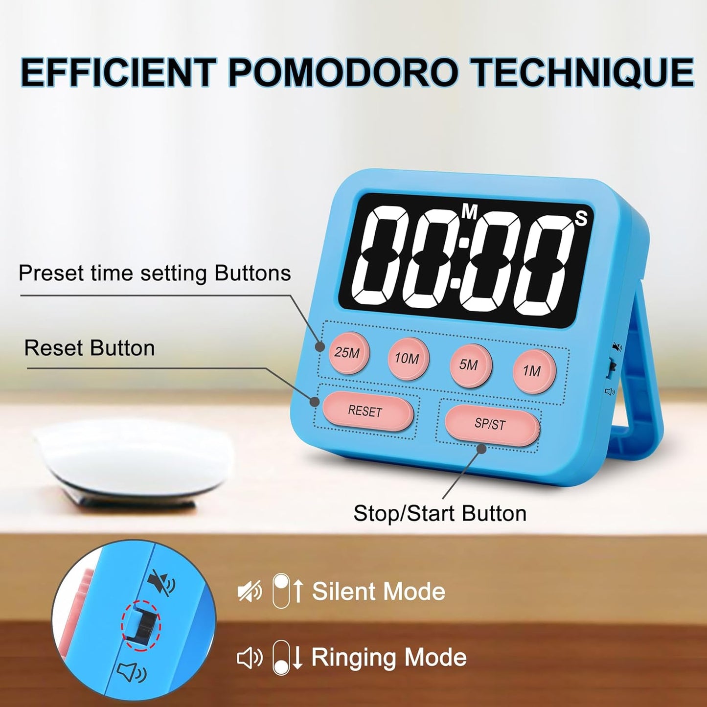 Pomodoro Timer for Kids, Digital Productivity Timer with Loud Alarm, Timers for Classroom, Suitable for ADHD Study Work Kitchen 1Pcs-Blue
