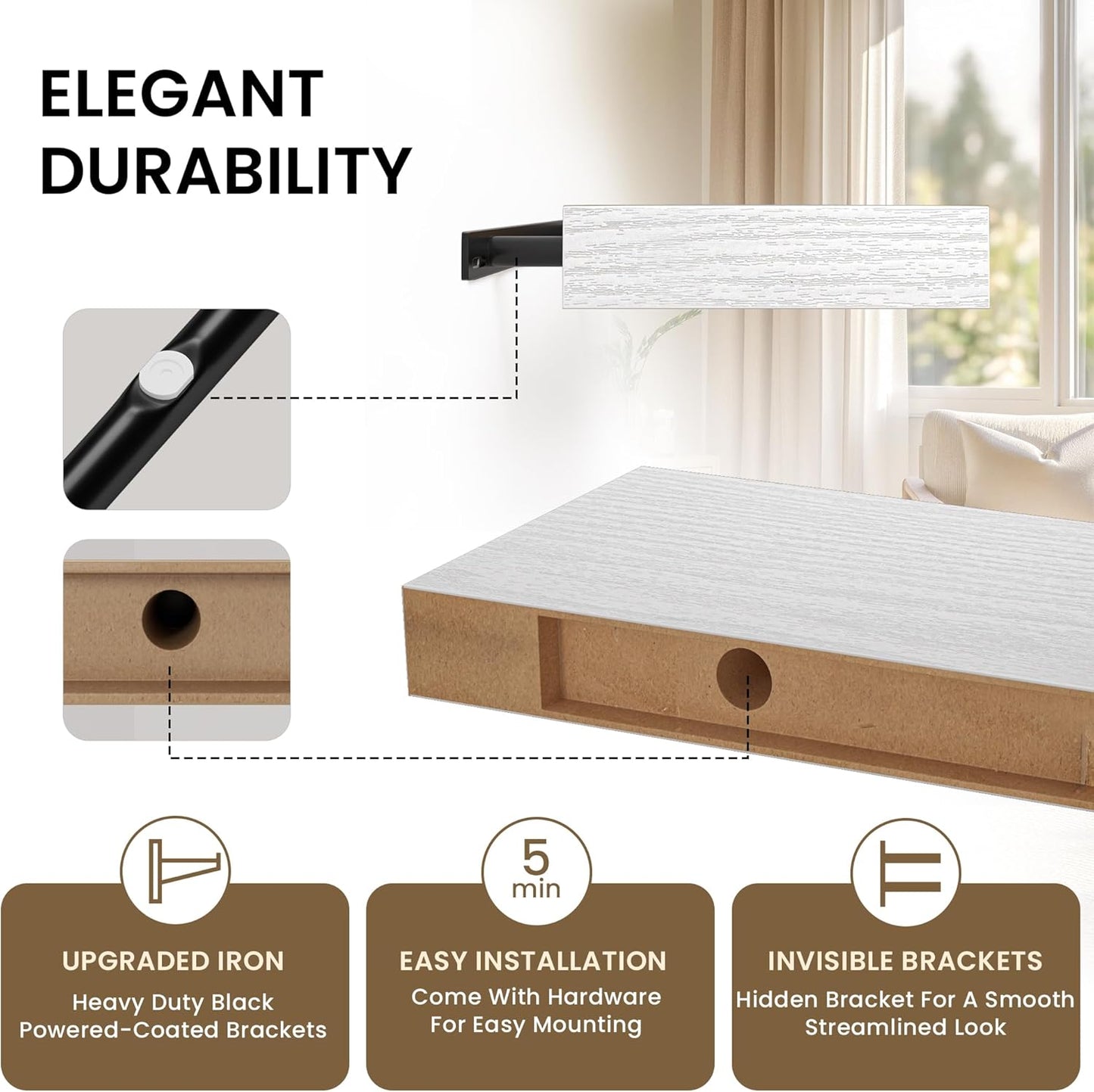 Floating Shelves for Wall, 36" W x 8" D x 1.5" H, Wooden Wall Mounted Display Shelves with Invisible Brackets for Living Room, Bedroom, Bathroom, Kitchen Decor and Storage, Set of 2, White