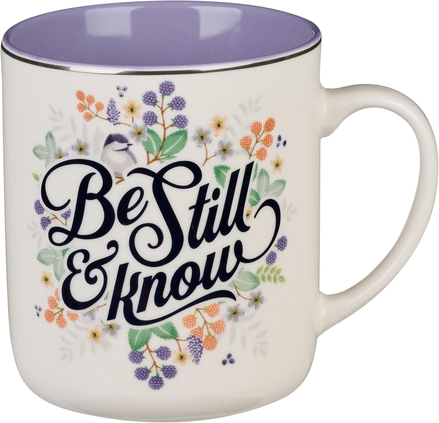 Christian Art Gifts Purple Ceramic Coffee Mug with Silver Rim – 14 oz. Lead & Cadmium-free Non-toxic Inspirational Scripture Coffee and Tea Mug for Women with Bible Verse: Be Still & Know –Psalm 46:10