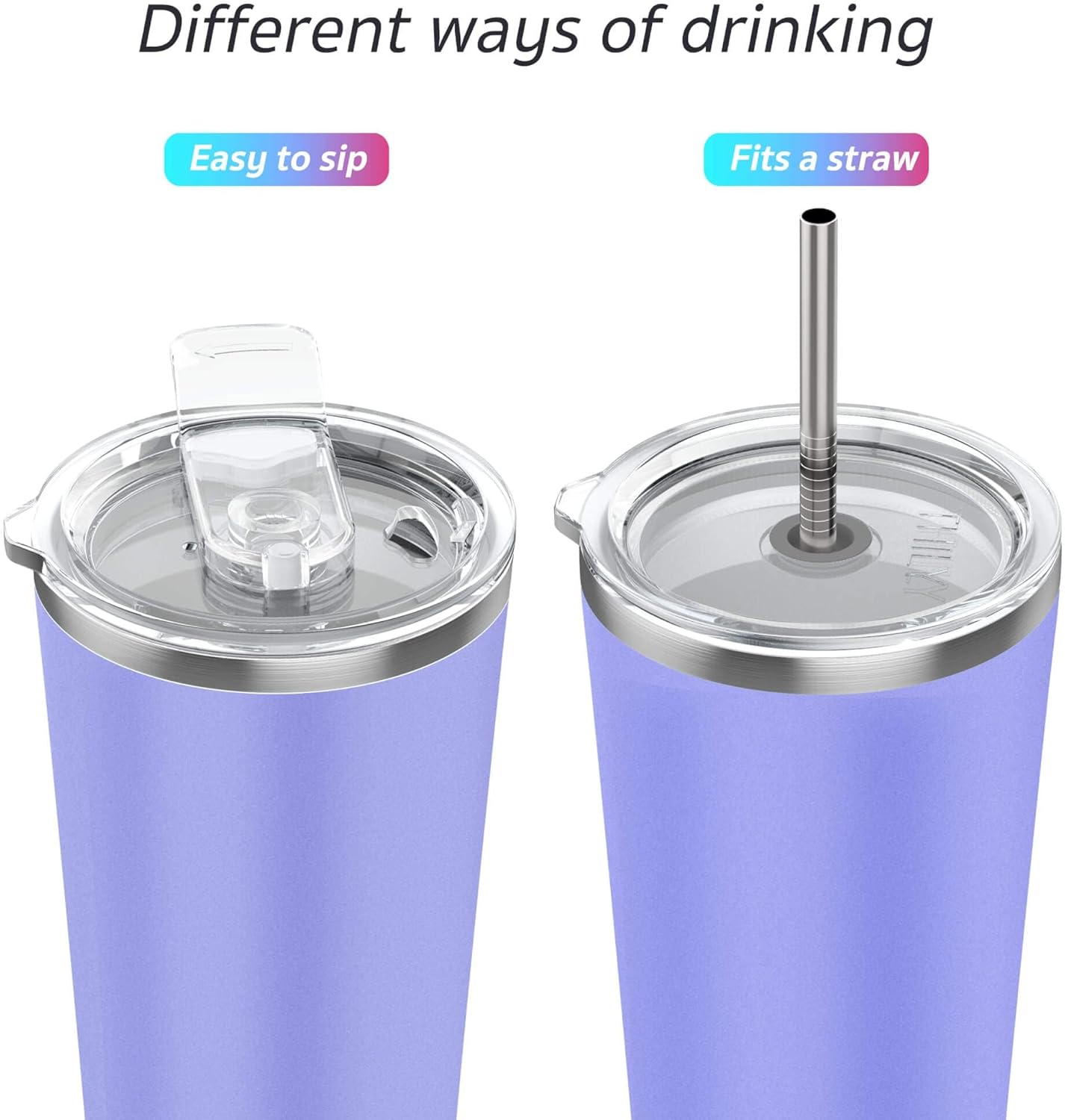 THILY Tumbler Stainless Steel Travel Mug 26 oz Triple-Insulated Coffee Cup with 2 Lids and Straws, Reusable, Powder Coated, Splash-Proof, Keep Ice Drinks Cold, Lavender