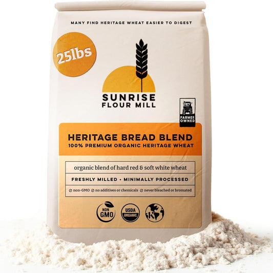 Sunrise Flour Mill Heritage Organic Bread Flour Blend - 25 lbs | Organic Unbleached Bread Flour Easy to Digest with Less Bloating | High Protein, Superior Baking | Smooth, Nutty Flavor