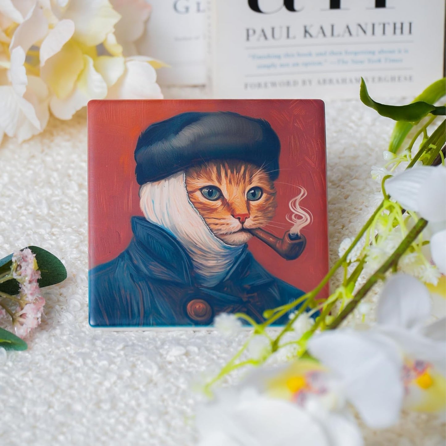 Ceramic Coasters Set of 4 – Square Drink Coasters with Cork Backing, 3.9x3.9 Inches – Decorative Printed Designs for Home, Office, or Gift Use (Starry Cats)