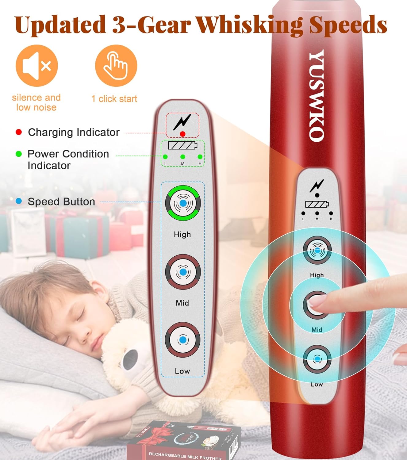 YUSWKO Milk Frother Handheld for Coffee, Rechargeable Drink Mixer with 3 Heads 3 Speeds Electric Coffee Frother Whisk, Gift for Many Occasions and Festival