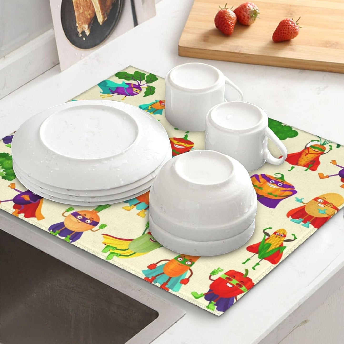 Vegetable Superhero Cartoon Dish Drying Mats for Kitchen Counter, Absorbent Microfiber Cute Drying Pad for Dishes, Decorative Kids Kitchen Mat for Sink, Dishes Utensils, Dining Area, 16" x 18"