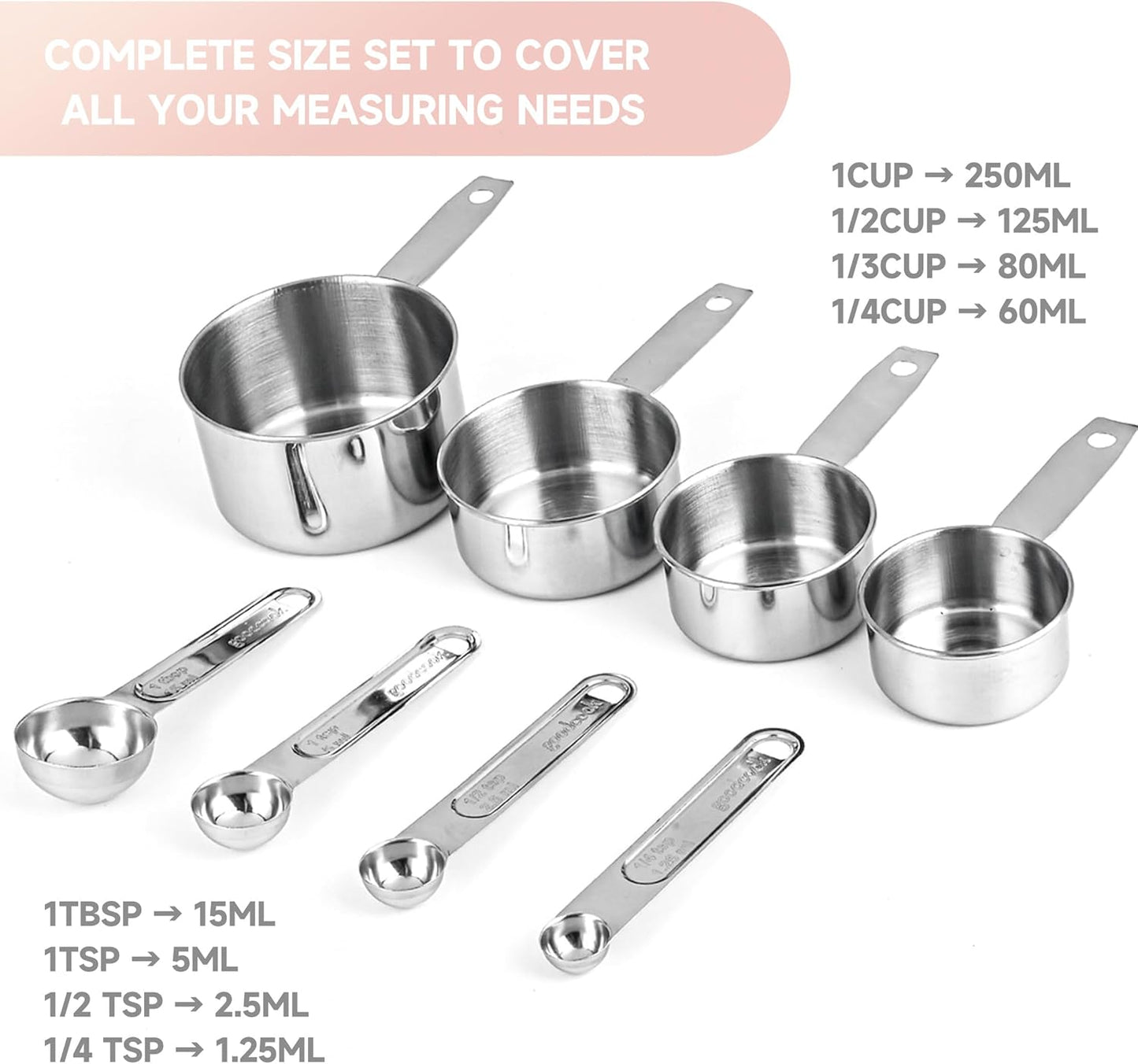Measuring Cups and Spoons Set,Stainless Steel 8 Piece Nesting Measuring Tools for Dry & Liquid Ingredients, Kitchen Gadgets for Cooking and Baking, Includes 4 Cups and 4 Spoons