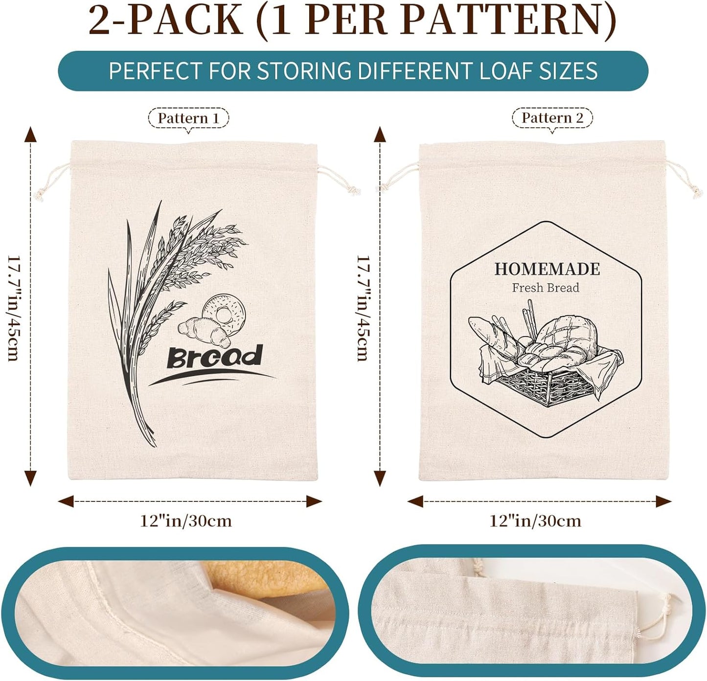 2 Pack of Bread Bags for Homemade Bread，Reusable Linen Sourdough Storage Bags with Plastic Liner,Cotton (17.7" x12")