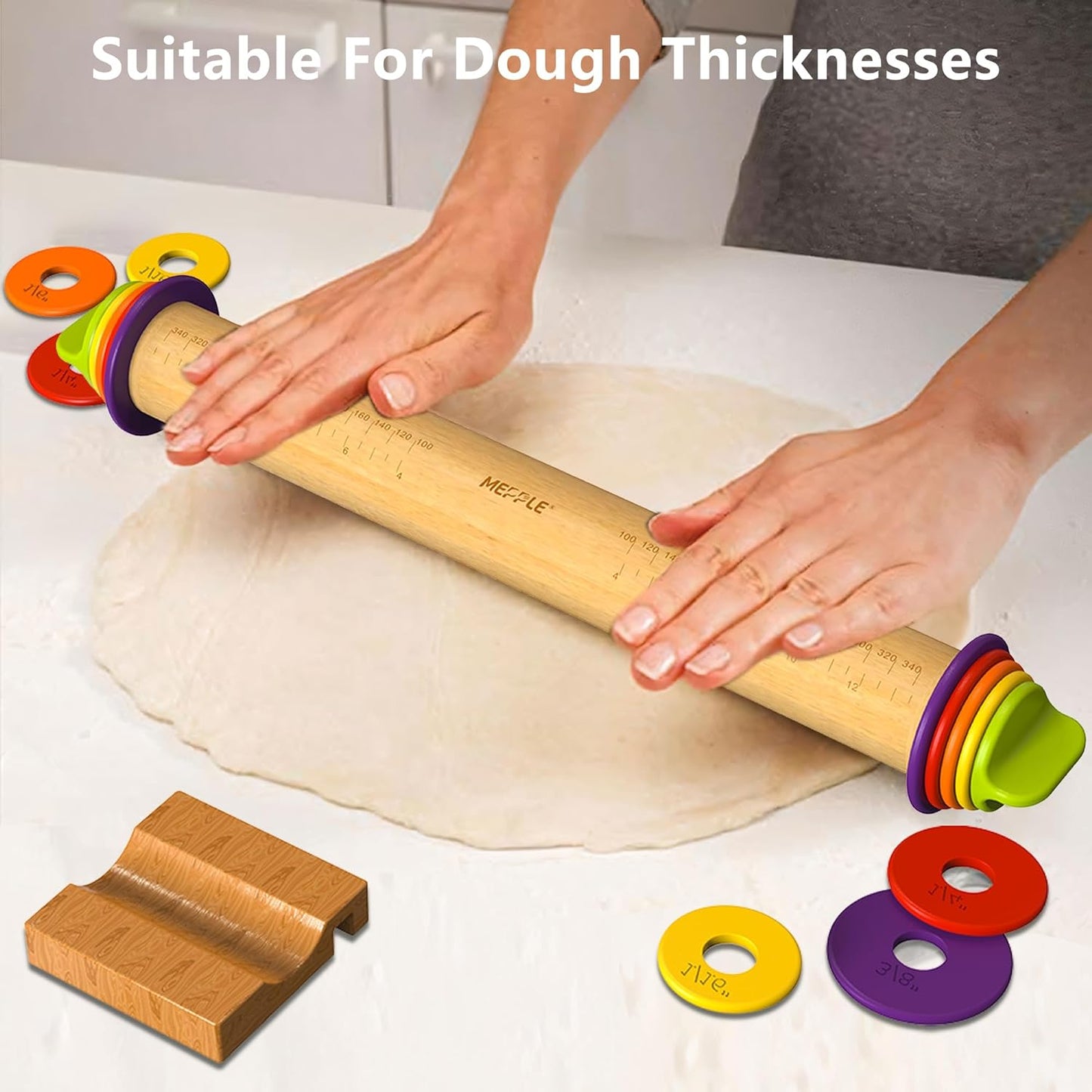 Rolling Pin with Thickness Rings for Baking,Fondant, Pizza, Pie Crust, Cookie, Pastry, Roller Rod for Dough Thickness, 13.6" Adjustable Wooden Rolling Pin with 4 Thickness Rings