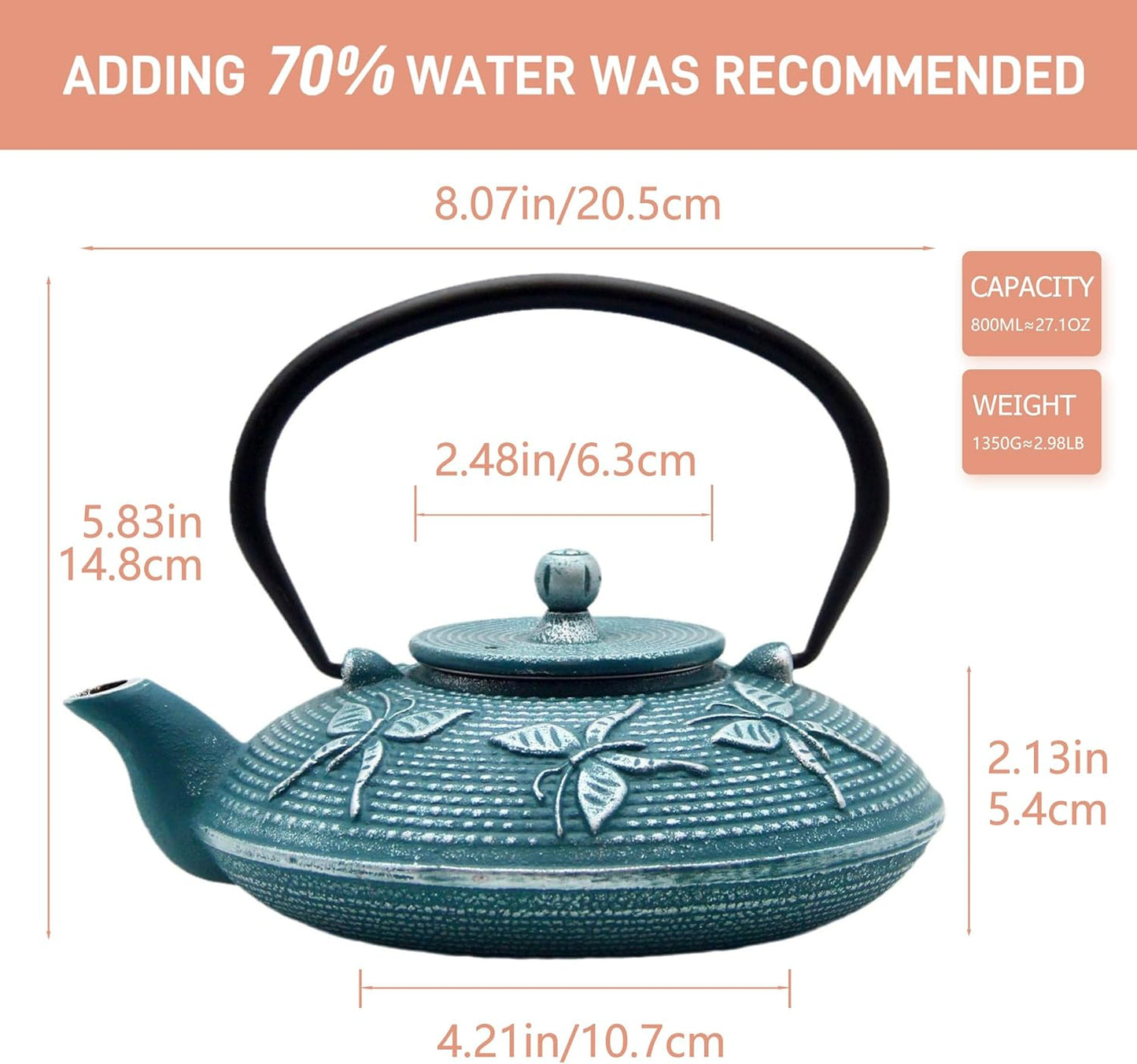 Cast Iron Teapot,SECHUDO Tea Kettle Coated with Enameled Interior for Loose Tea,Cast Iron Teapot with Stainless Steel Infuser for Stovetop Safe (27.1oz Flat Butterfly Pattern)