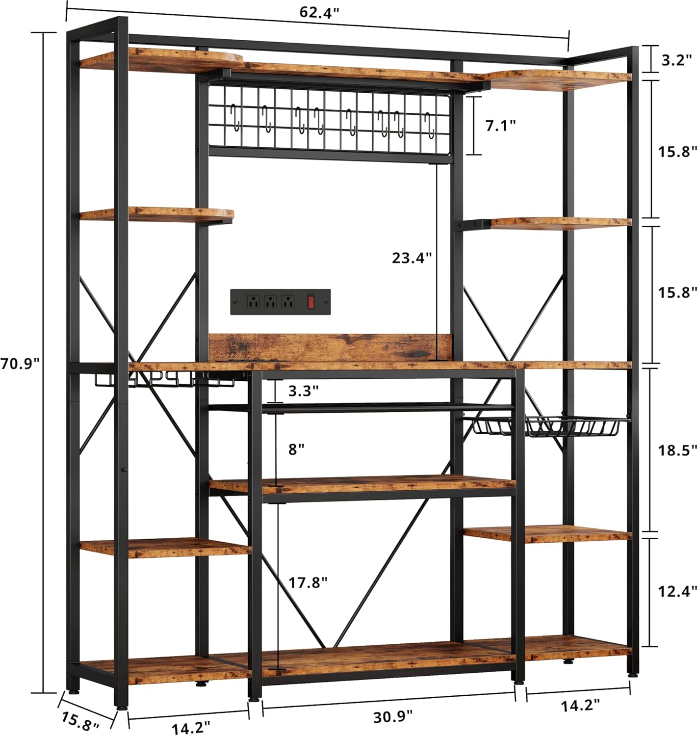 IRONCK Large Bakers Rack with Power Outlet, 62 Inch Wide Microwave Stand, Coffee Bar with Storage, Kitchen Racks and Shelves