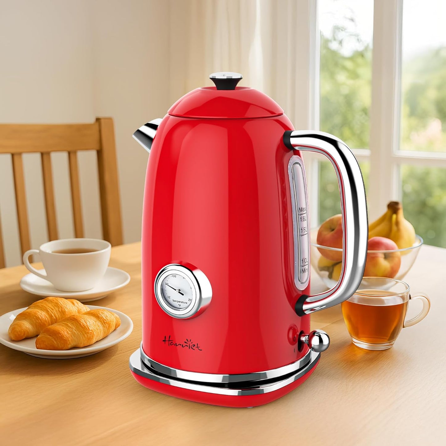 Harriet Electric Kettle, 1.8L Retro Electric Tea Kettle with Thermometer, 1500W Stainless Steel Hot Water Kettle Electric with LED Indicator, Fast Boiling, Cordless, Auto Shut-Off, Red