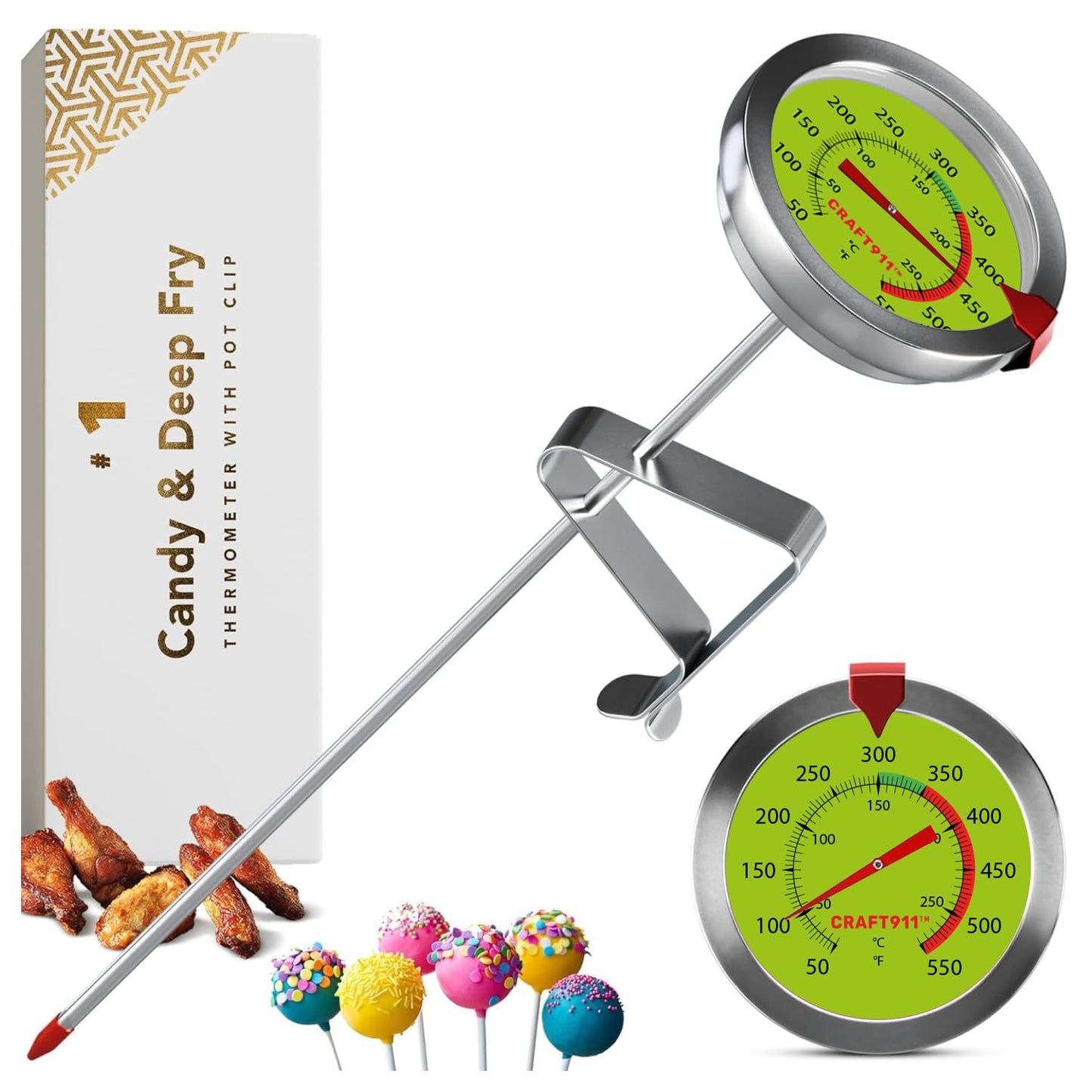 Candy Thermometer with Pot Clip - Deep Fry Oil Thermometer for Frying and Candle Making - Lemon