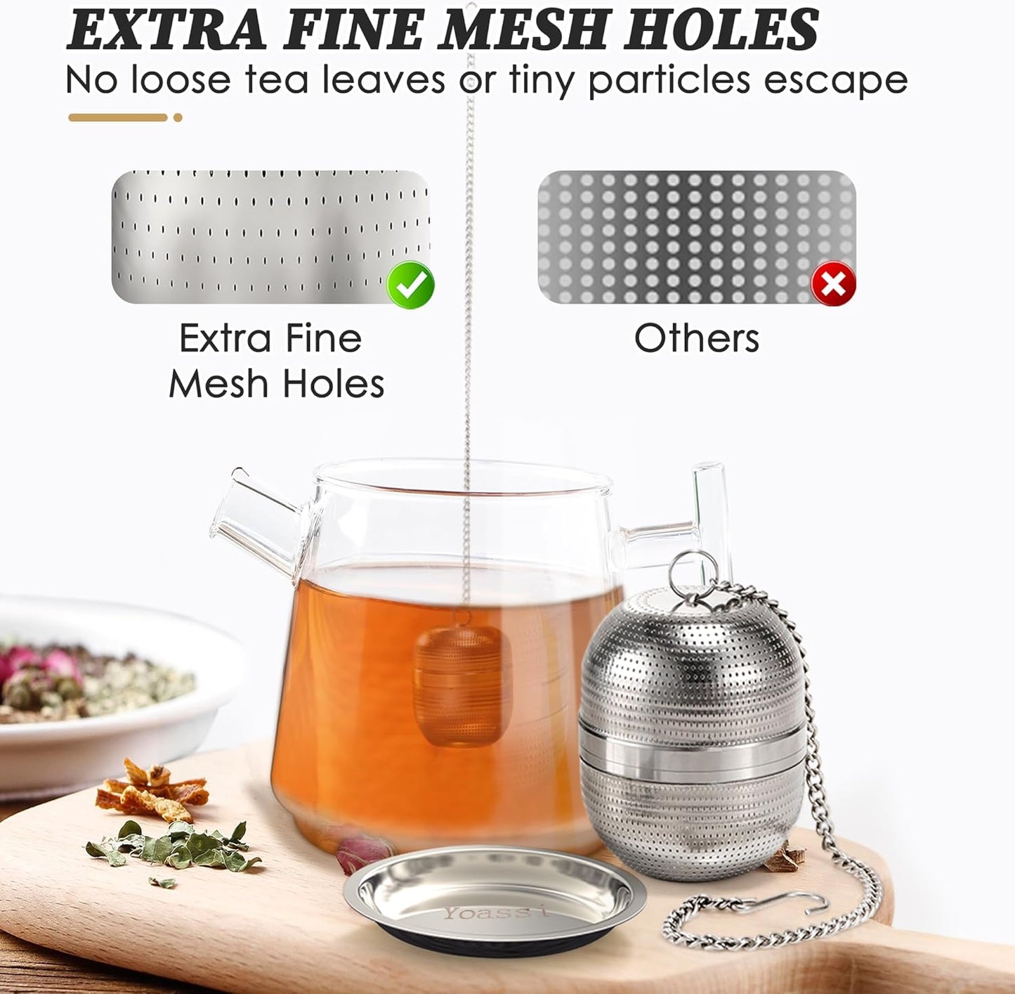 2 Pack Tea Infusers for Loose Tea, Extra Fine Mesh 18/8 Stainless Steel Tea Strainers, Loose Leaf Tea Steeper Tea Ball Tea Diffuser Tea Holder with Extended Chain Hook and Drip Tray