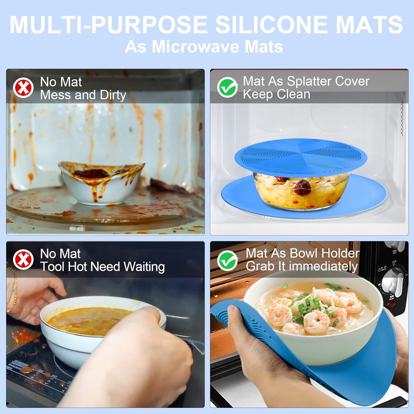 KooMall 12 10 8 Inch Multi-use Microwave Mat, Trivet, Pot Holders, Drying, Baking, Place Mat, Utensils Rest, Silicone Cover Pad for Hot Pot Pans Bowls Plates Dishes Kitchen Counter,Heat Resistant,Blue