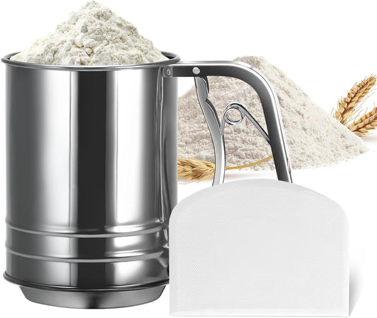 3-Cup Flour Sifter for Baking, Stainless Steel One-Hand Press Sifter with Double-Layer Fine Mesh - Includes Bonus Dough Scraper/Cutter for Bread & Pastry (White)