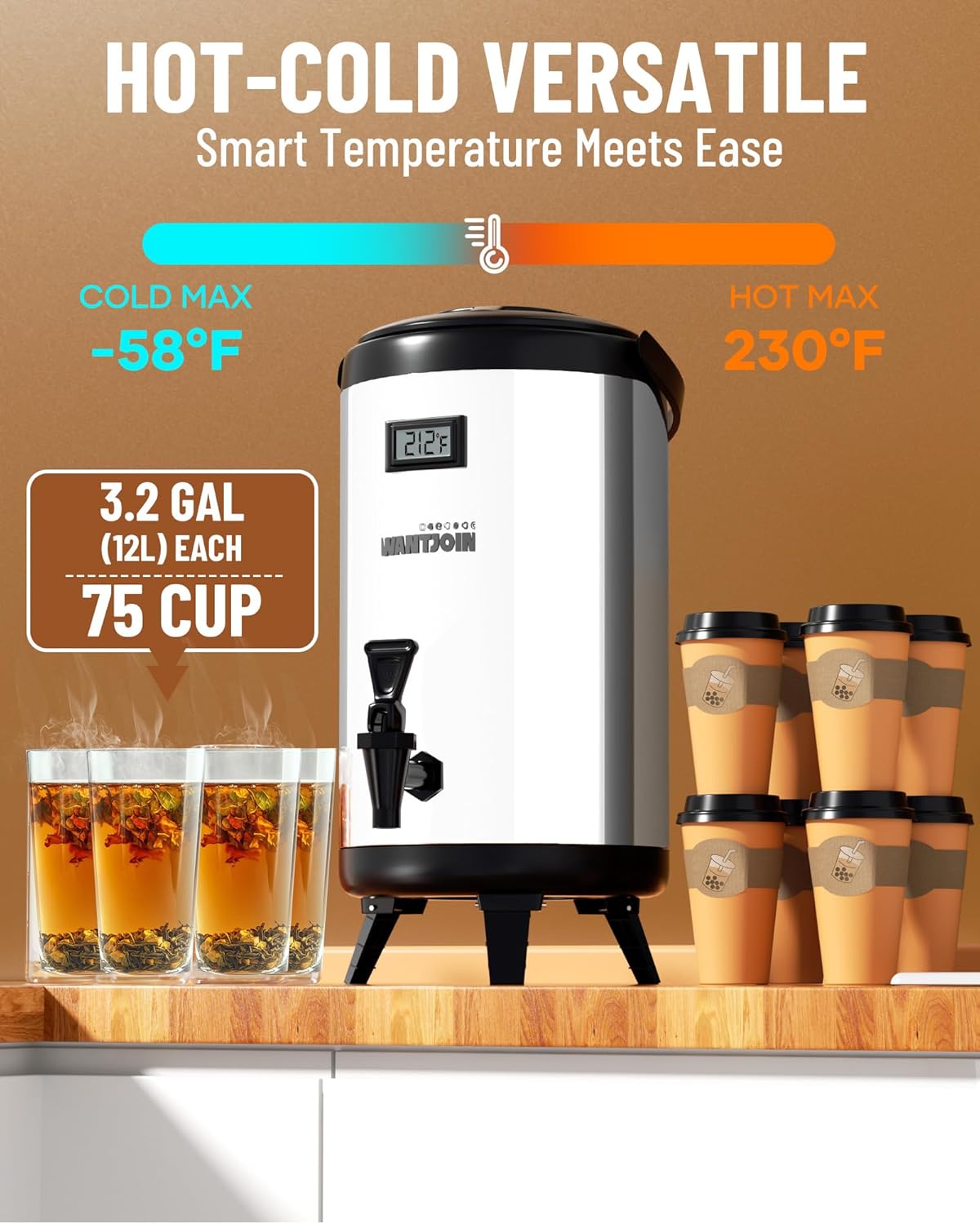 WantJoin Insulated Beverage Dispenser-75 Cup Hot&Cold water Urn for Catering-Stainless Steel Premium 12 L/3.2 Gallon Hot Drink Dispenser with Spigot for Coffee & Hot tea,Cold Milk,Water,Juice(Silver)