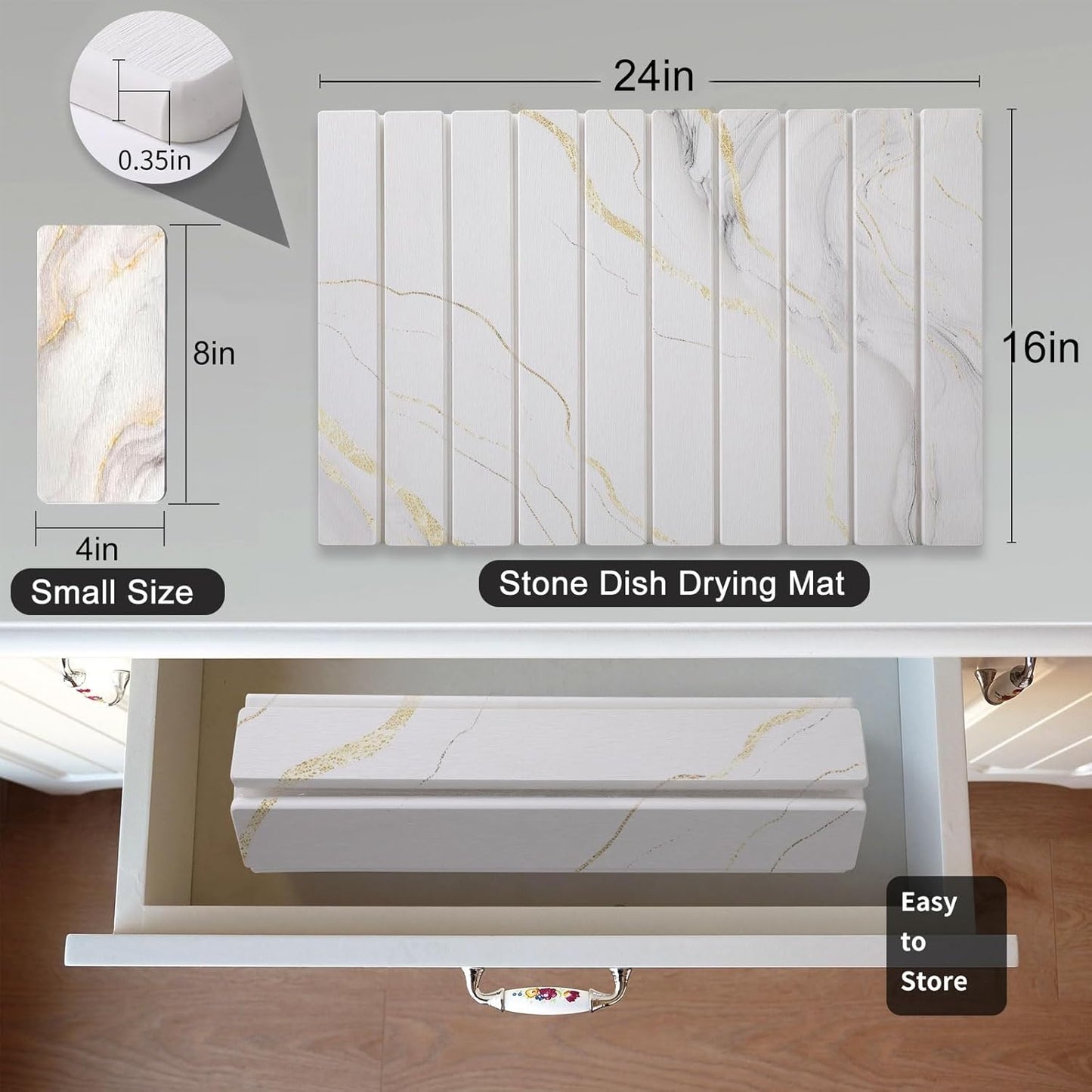 2 PCS Large Stone Dish Drying Mat for Kitchen Counter, , Marbled Water Absorbing Diatomaceous Earth Drying Pad for Countertop Bottles Utensils Cups 24"x16"& 8"x4"