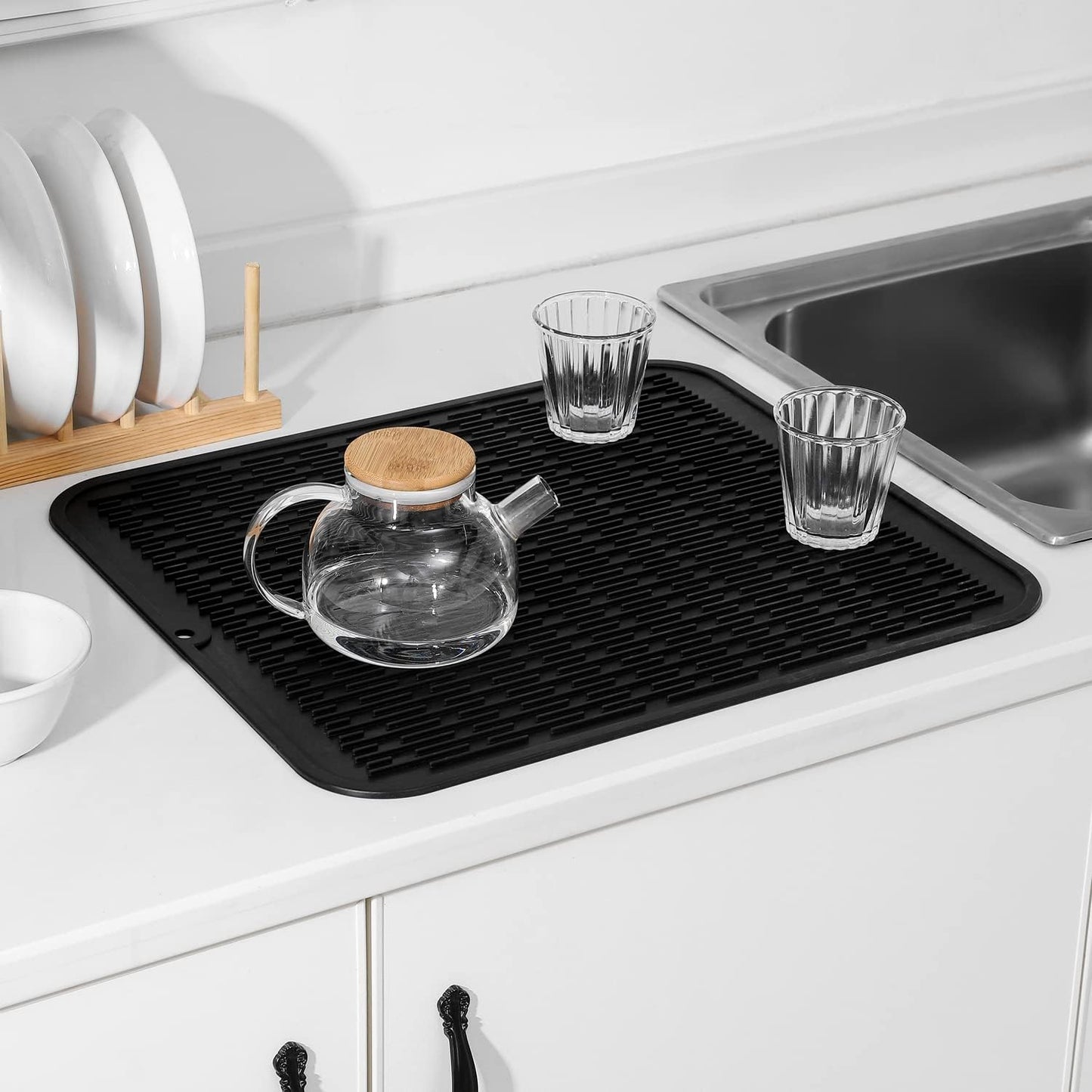 Silicone Dish Drying Mat for Multiple Usage,Easy clean,Eco-friendly,Heat-resistant Silicone Mat for Kitchen Counter or Sink,Refrigerator or Drawer Liner Black 2XL 24 inches x 18 inches