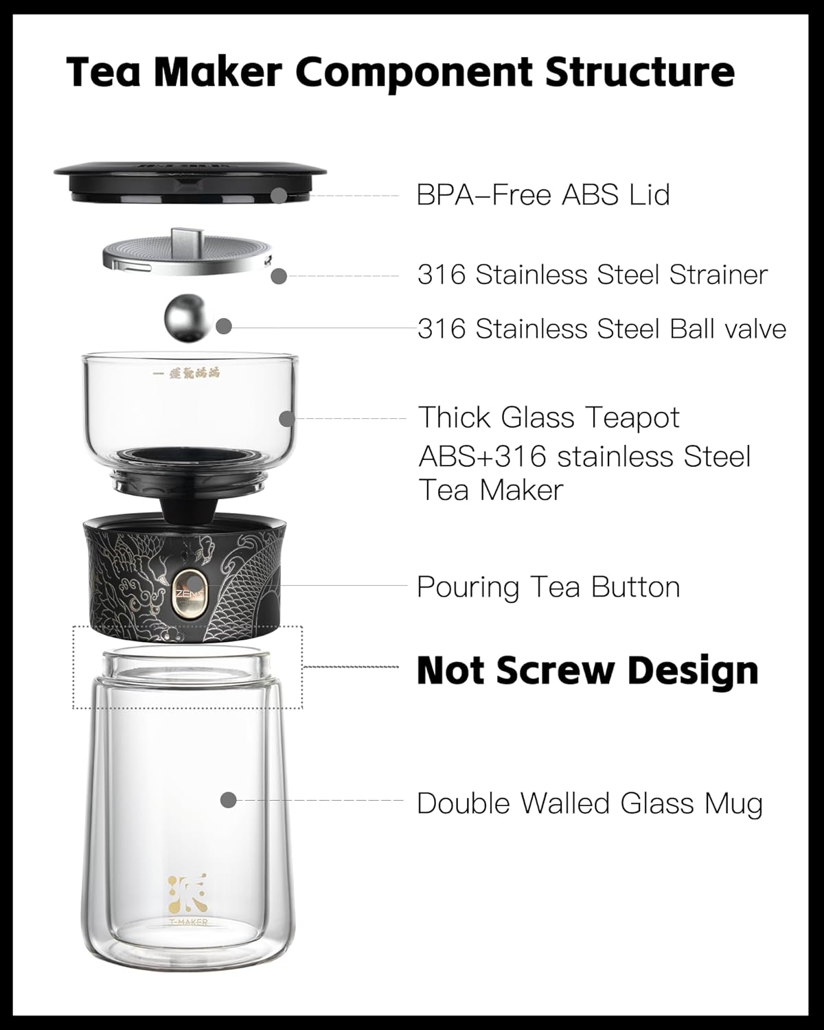 ZENS Cool Glass Teapot with Infuser, Smart One Touch Tea Maker for Loose Tea Diffusers with Insulated Mug and Portable Tea Kits, Enchanted Teapot Alternatives for Tea Lover Gifts