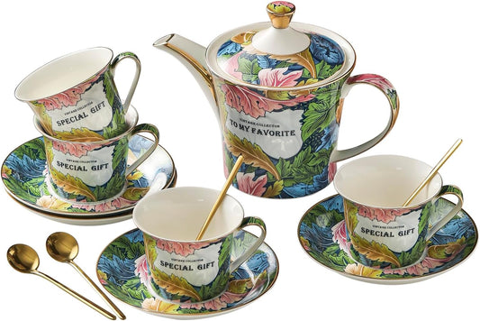 ACMLIFE Porcelain Tea Set for Adults, 15-Piece Green Bone China Tea Set for Women, Tea Cups and Saucers Set Service for 4, Gift (green, large set 13)