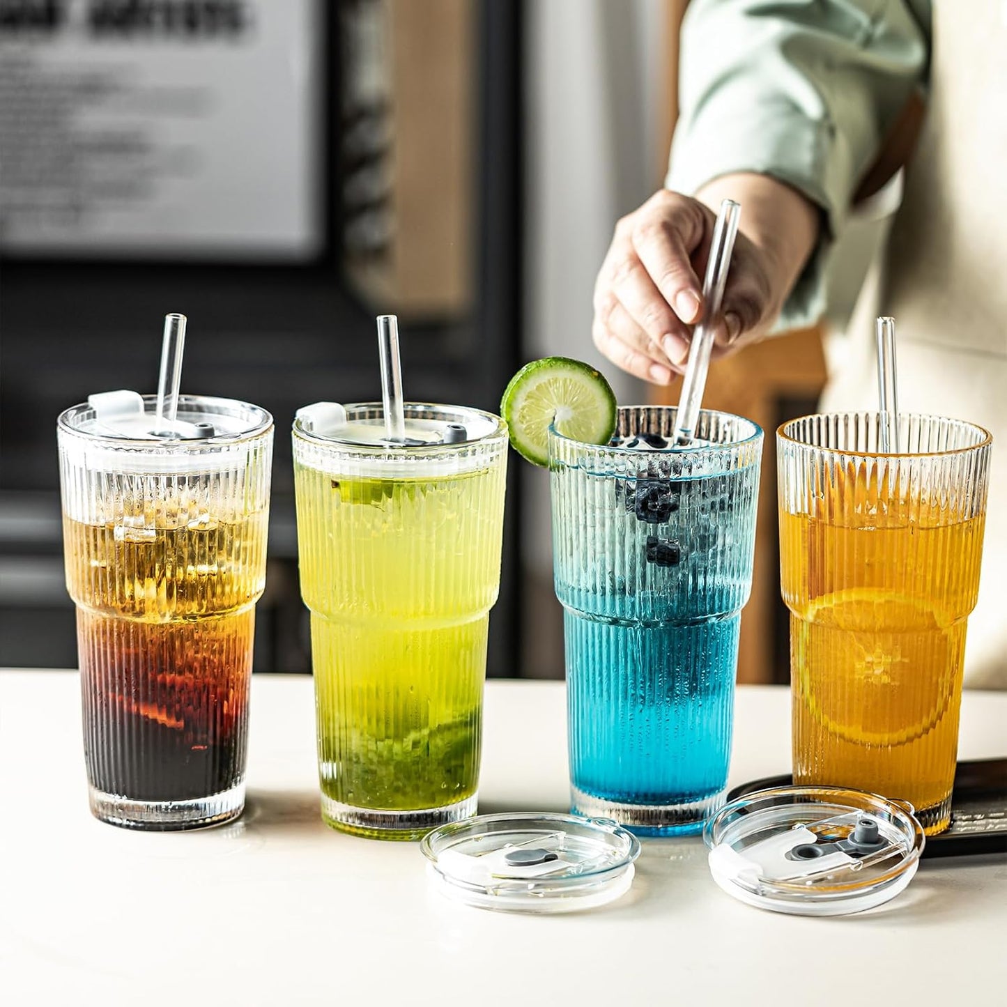 20oz Ribbed Drinking Glasses with Lids and Glass Straws-Thickened Glass cup -Vintage glass straw cups- Ideal for Iced Coffees, Cocktails, Juices, Family Use and Parties (6)