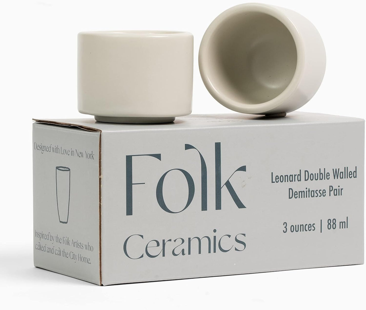 Folk Ceramics Leonard Ceramic Espresso Cups | Modern Stackable Demitasse Mugs for Espresso | Thick Walled, Handleless, Durable, Dishwasher & Microwave Safe | Set of 2, 3oz | Fog Grey