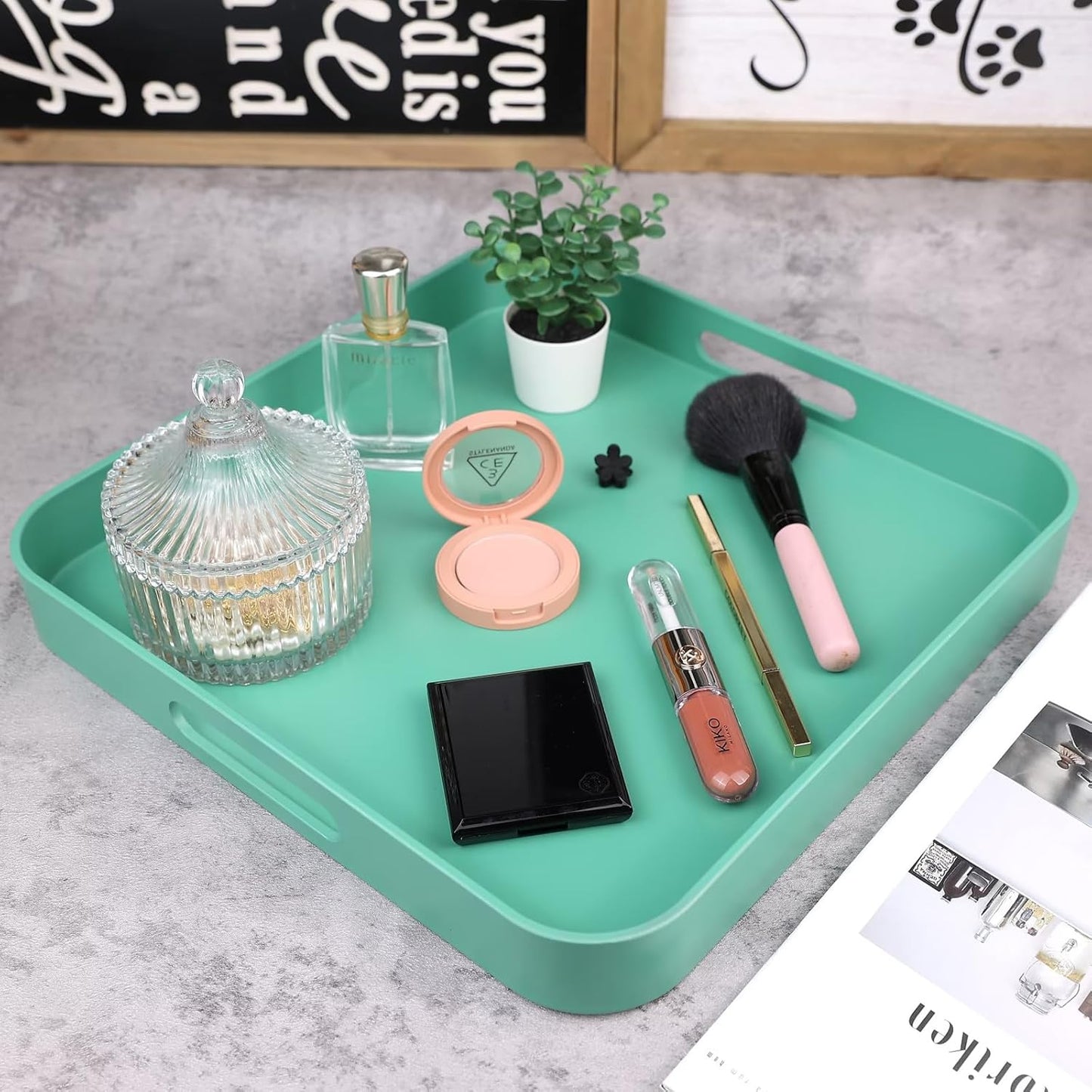 Square Green Decorative Serving Tray with Handles, Versatile Ottoman Tray for Coffee Table, Entertaining, Outdoor Patio, Living Room, 13”*13”*1.6”