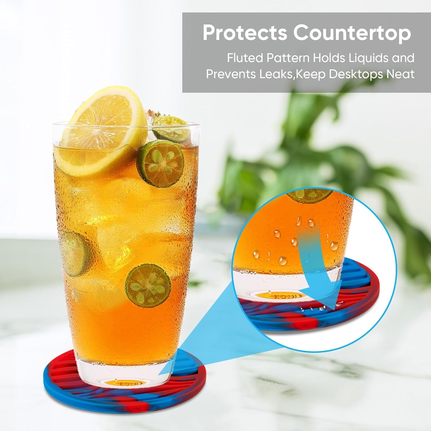 6 Pack Rubber Drink Coasters,Coasters for Drink with Holder,Silicone Cup Mat Non-Stick,Non-Slip,Thickened Live for Hot or Cold Drink(Blue Red)