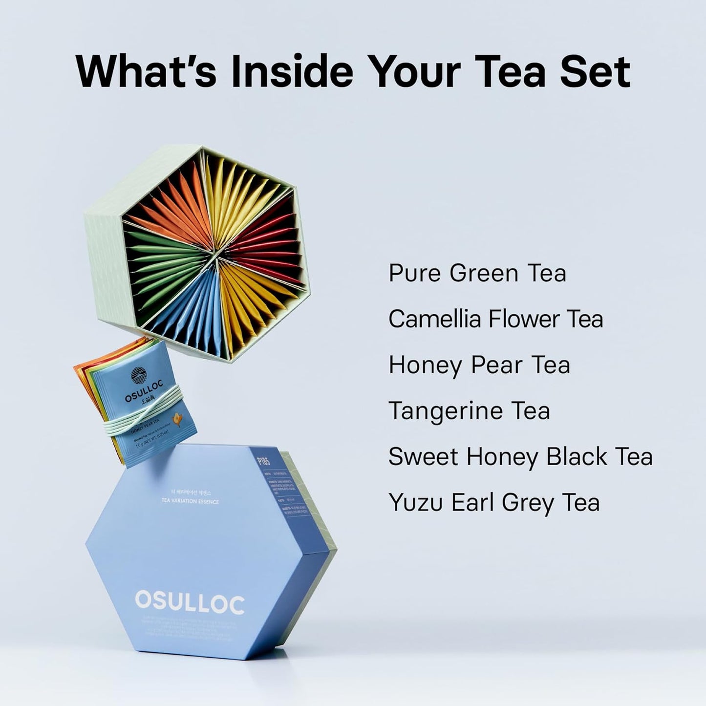 OSULLOC TEA VARIATION ESSENCE (42 Count, 6 Types x 7 ea), Assorted Tea bag Sampler, Exceptional Designed Variety Tea gift Set, Premium Tea sets from Jeju Island tea farm