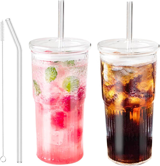 Glass Tumbler with Straw and Lid, 20 OZ Clear Iced Coffee Glasses Cups for Ice Water, Juice, Tea, Milk, Smoothie and Cold or Hot Drinks, Set of 2