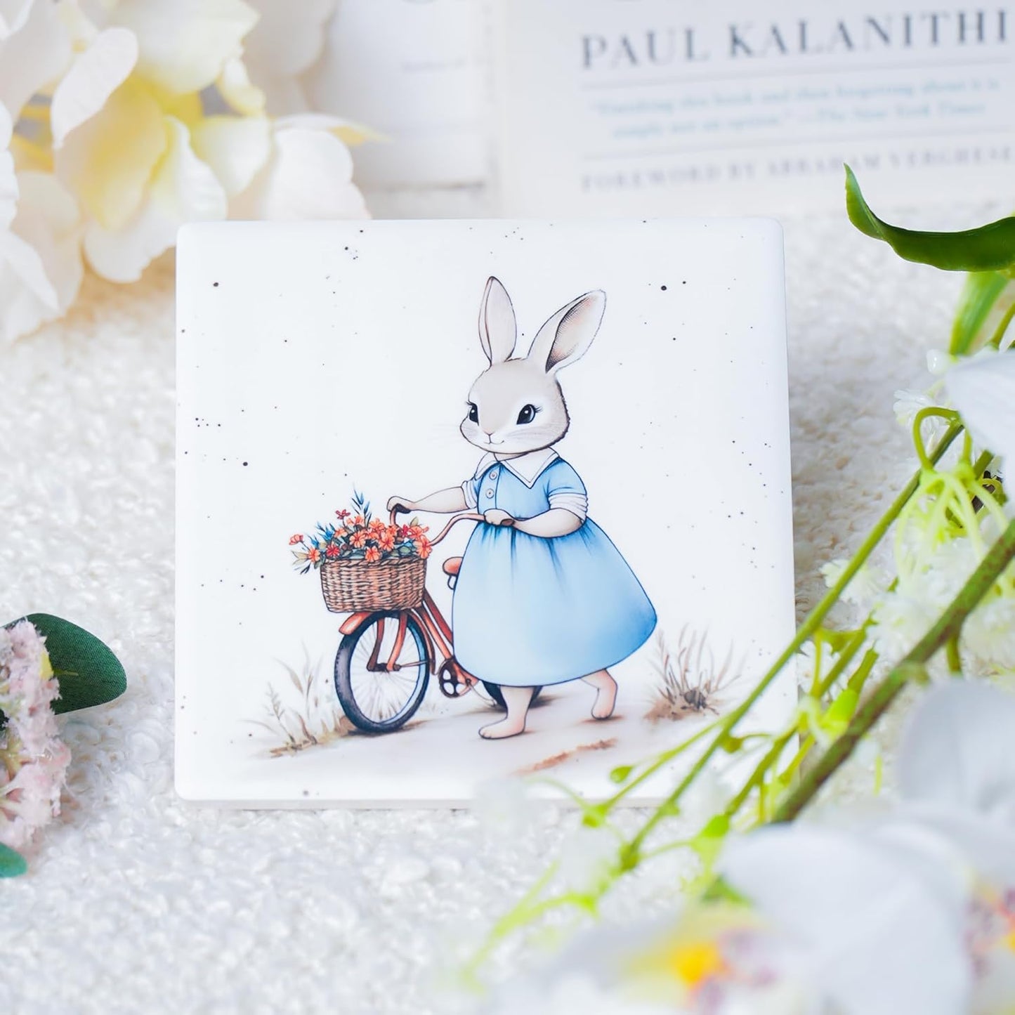 Ceramic Coasters Set of 4 – Square Drink Coasters with Cork Backing, 3.9x3.9 Inches – Decorative Printed Designs for Home, Office, or Gift Use (Mama Rabbit)