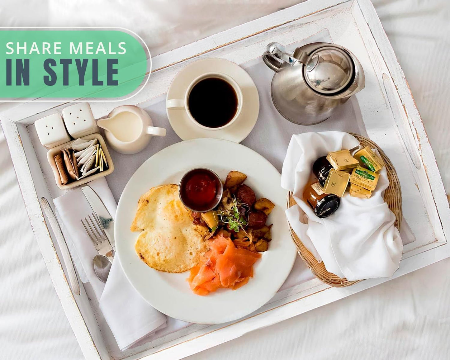 Serving Trays Set of 3 - Ottoman Wood Trays for Entertainment, Food and Decor - Rustic Farmhouse Distressed Wood Finish - Solid White