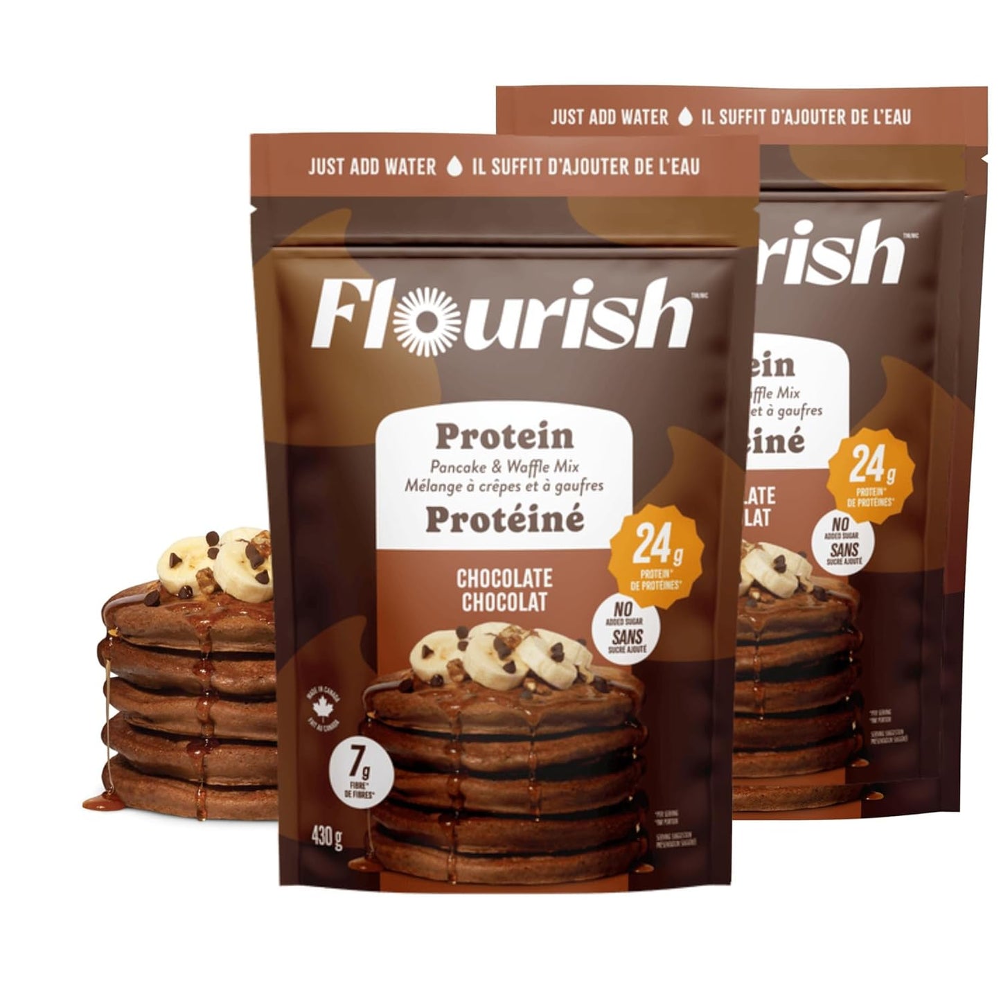Flourish Protein Pancake & Waffle Mix, with Whey Protein & Flax Seed, No Added Sugar, High in Protein & Fiber - Just Add Water - Chocolate Flavour, 430 g (2 Pack) - Made in Canada
