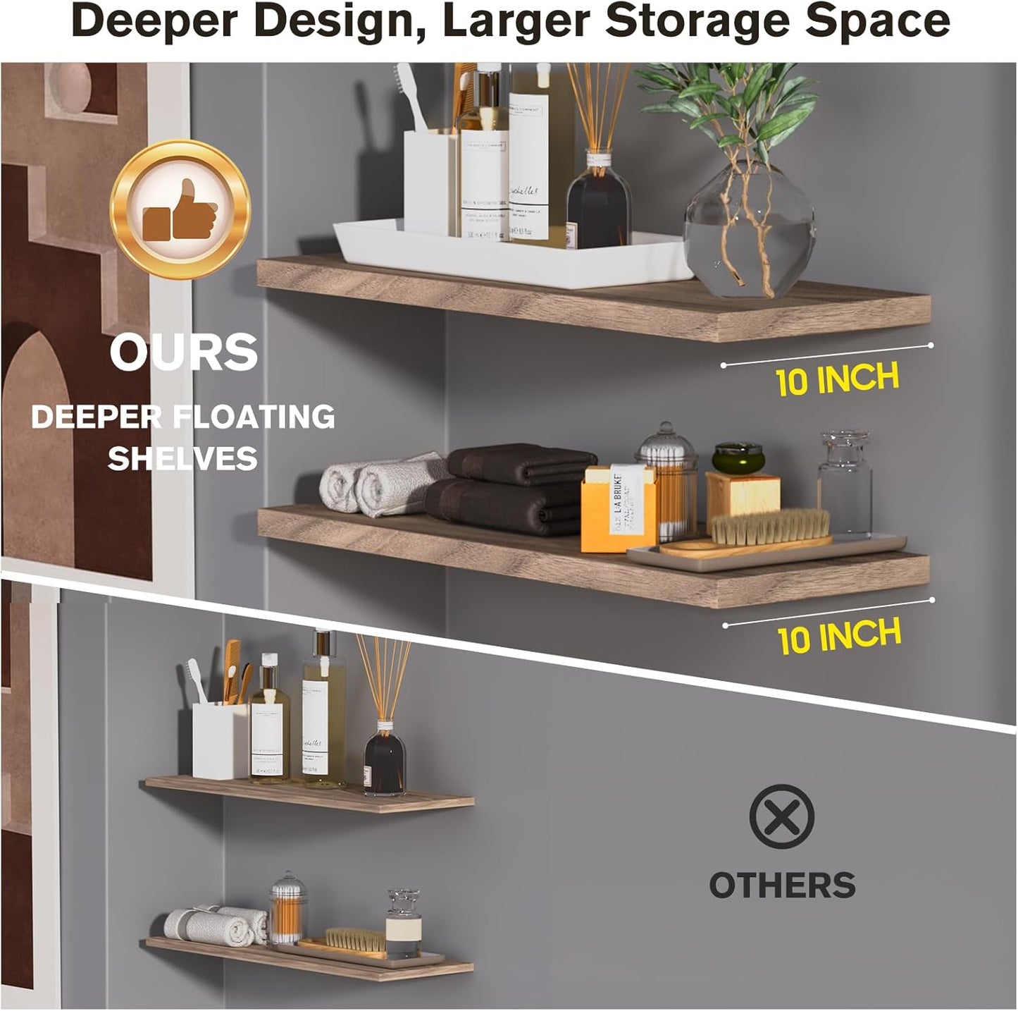 Wall Shelf Set of 1, Walnut Floating Shelves 36 in W x 10 in D x 1 in H, Wooden Floating Wall Shelf with Invisible Brackets for Living Room/Bedroom/Bathroom/Kitchen Storage and Decor