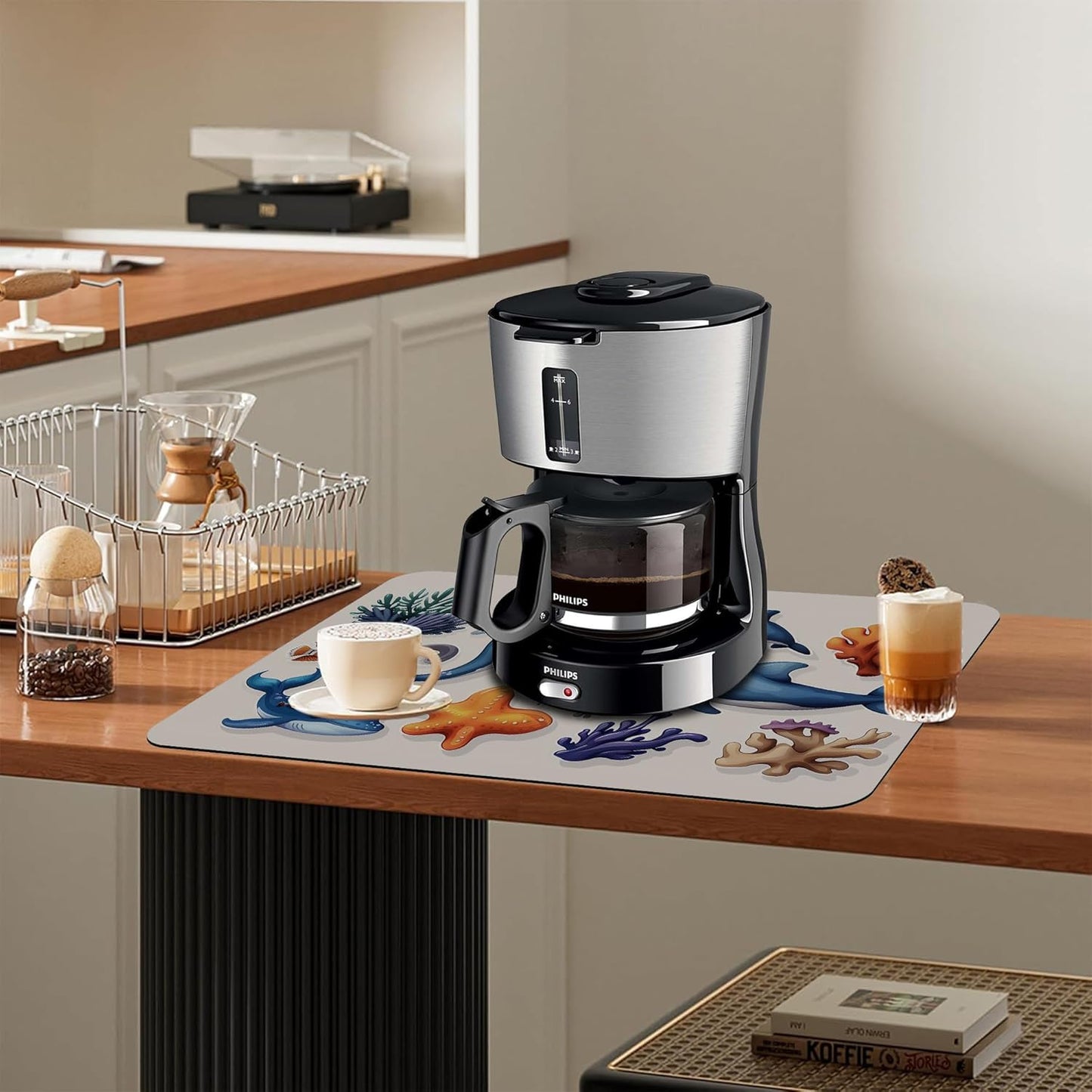 Sea Animals Dish Drying Mat Dolphins Starfish Anemones Kitchen Mat 16"x24" Bsorbent Coffee Maker Mat for Dishes,Utensils Coffee Maker Pots and Pans Easy Clean Dish Slip Resistant Pad