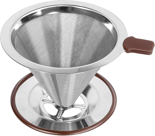 Pour Over Coffee Dripper，Reusable Stainless Steel Drip Cone Coffee Filter, Update Double Ultra Fine Micro Mesh Filter, Professional Paperless Drip Brew Coffee Cone Maker with Cup Stand,1-2 Cup
