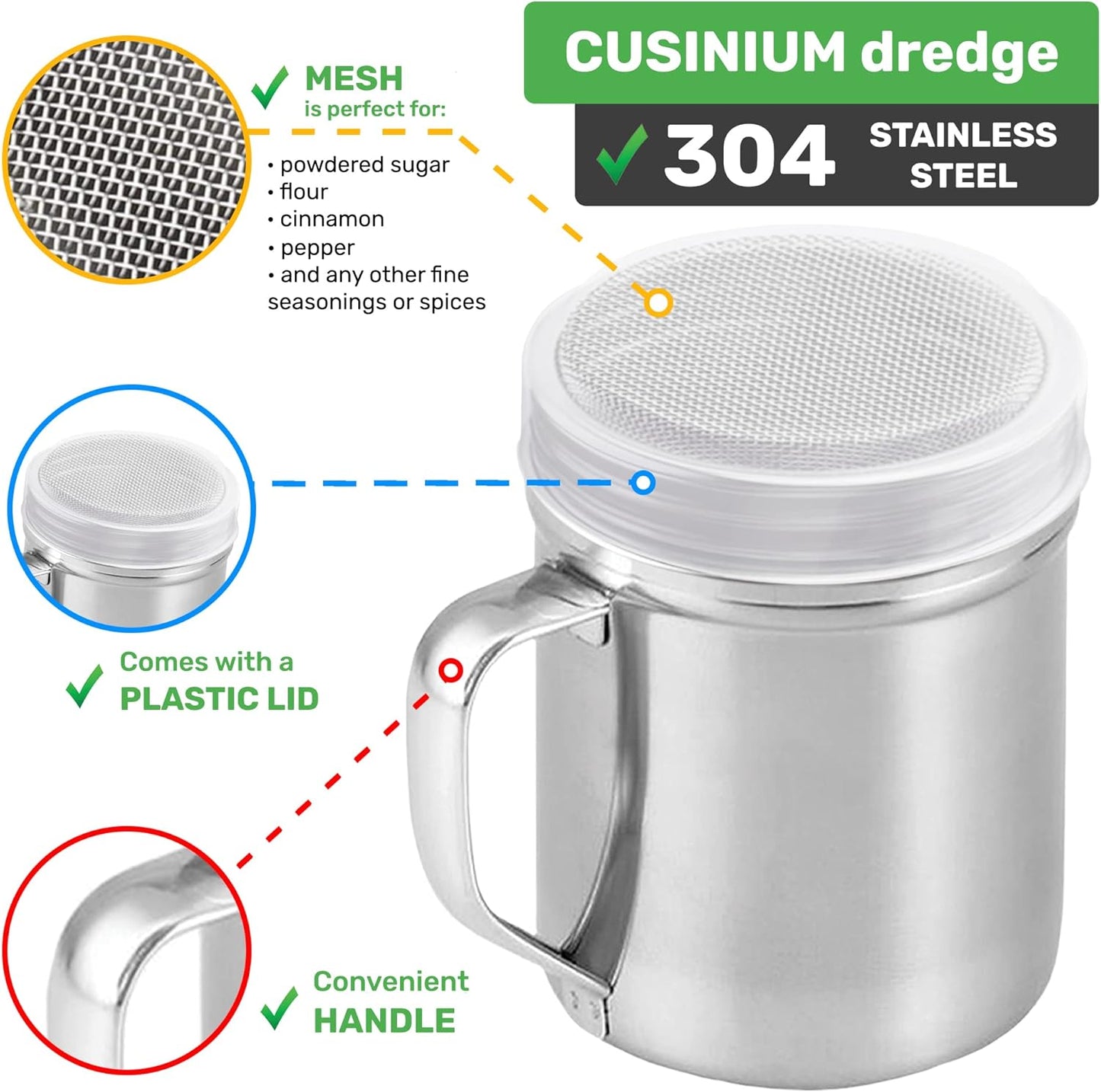 CUSINIUM Powdered Sugar Shaker Duster - With Handle - Cinnamon Shaker For Coffee Bar - Fine Mesh Dredge - 10 ounce, pack of 2 | Style: Fine