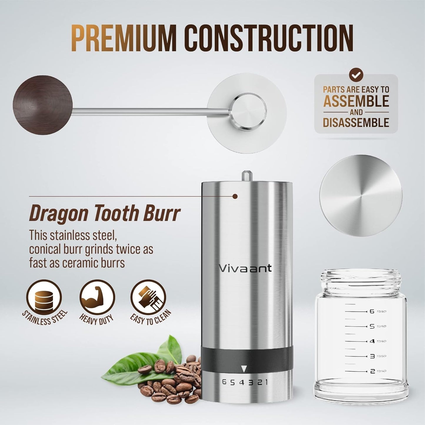 Manual Coffee Grinder, Hand Coffee Grinder with Adjustable Dragon Tooth Stainless Steel Conical Burr, No-Power, Manual Coffee Grinder for Drip Coffee, Espresso, French Press, and More!