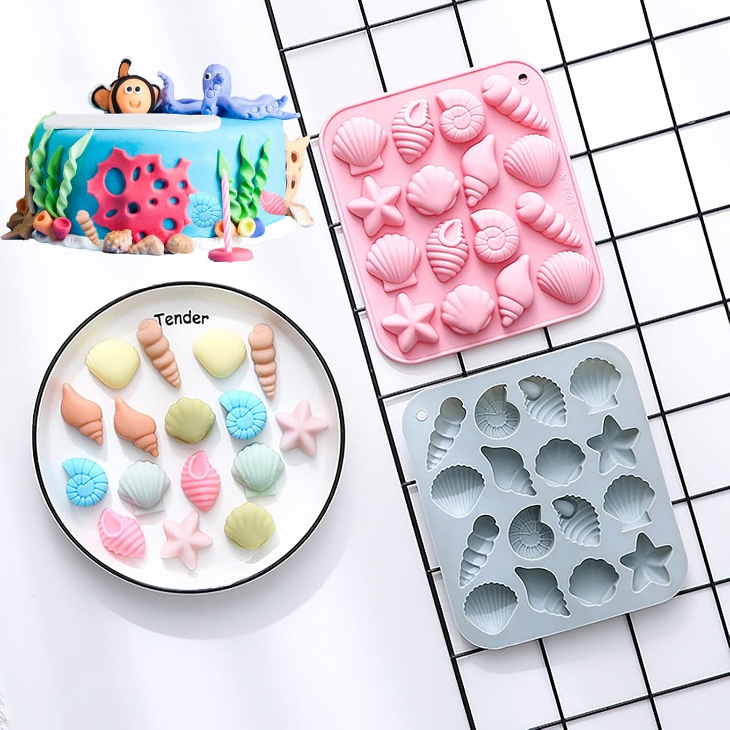 Ocean-Themed Chocolate Mold Set - Food-Grade Silicone Baking Molds with Shell, Starfish, Seashell Beach Life Phrases, Reusable for Under the Sea Cakes, Cupcakes & Party Treats - 2 Pack