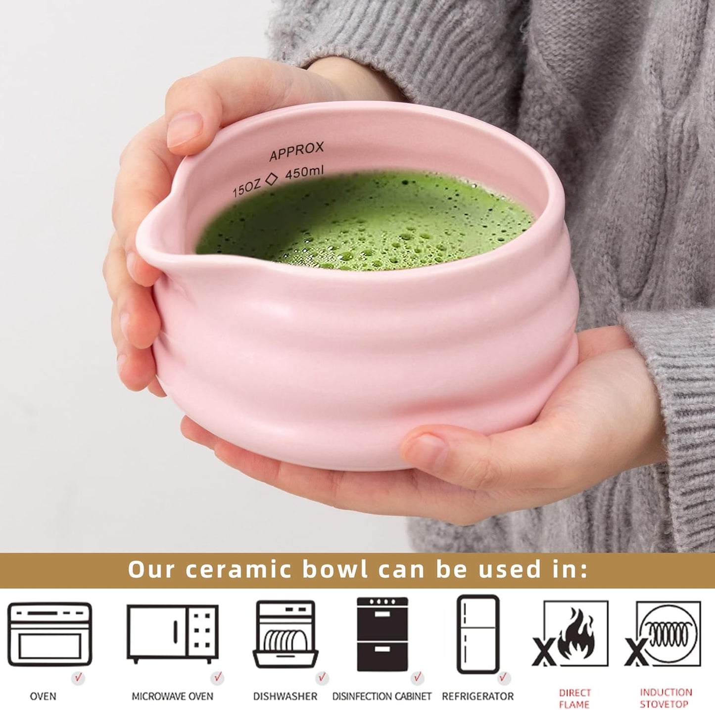 2pcs Matcha Bowl with Whisk Holder, Ceramic Pink Matcha Bowl with Spout, 16.5OZ Porcelain Bowl with Measurement Marks, Tea Mixing Bowl with Whisk Stand, Gfit for mom/daughter/girls (pink)