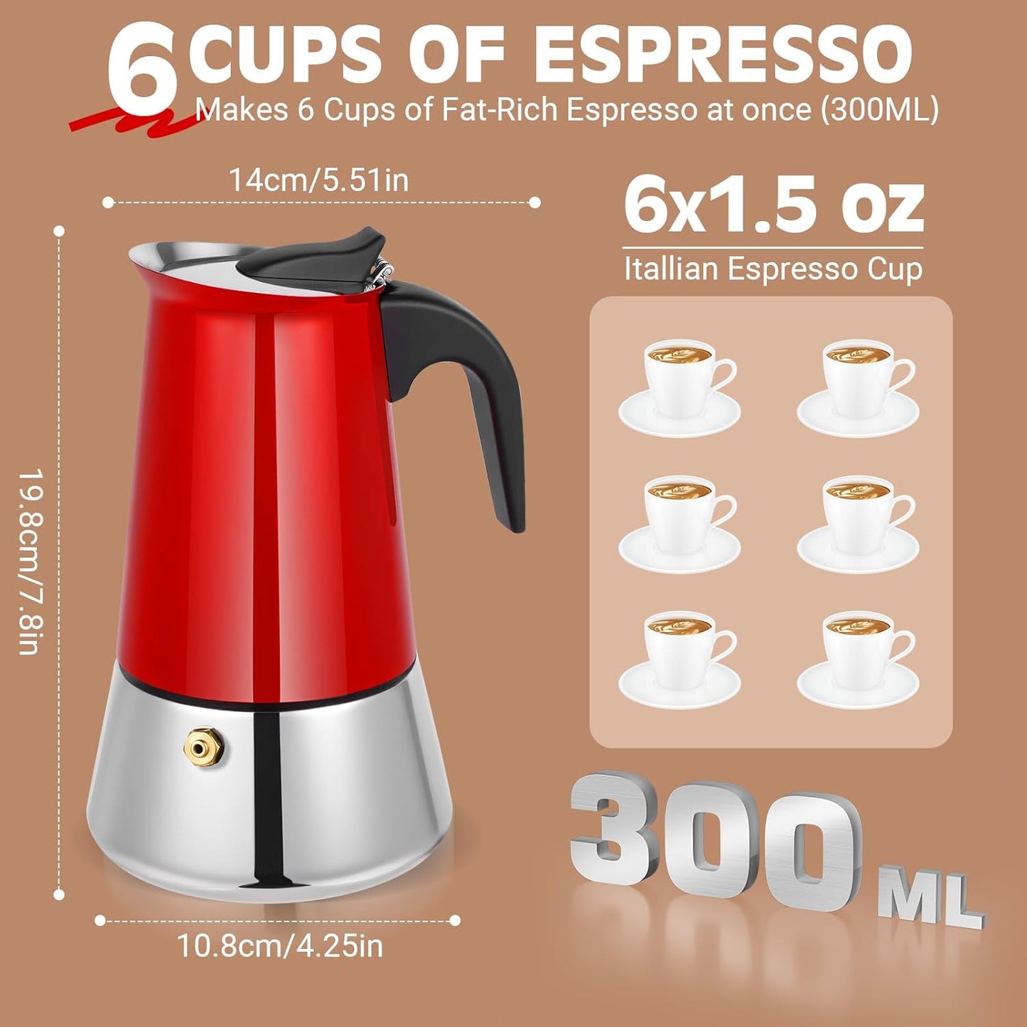 Moka Pot, 6 Cups (10.6 oz) Stovetop Espresso Maker, 304 Stainless Steel Moka Pot, Induction Compatible, Red