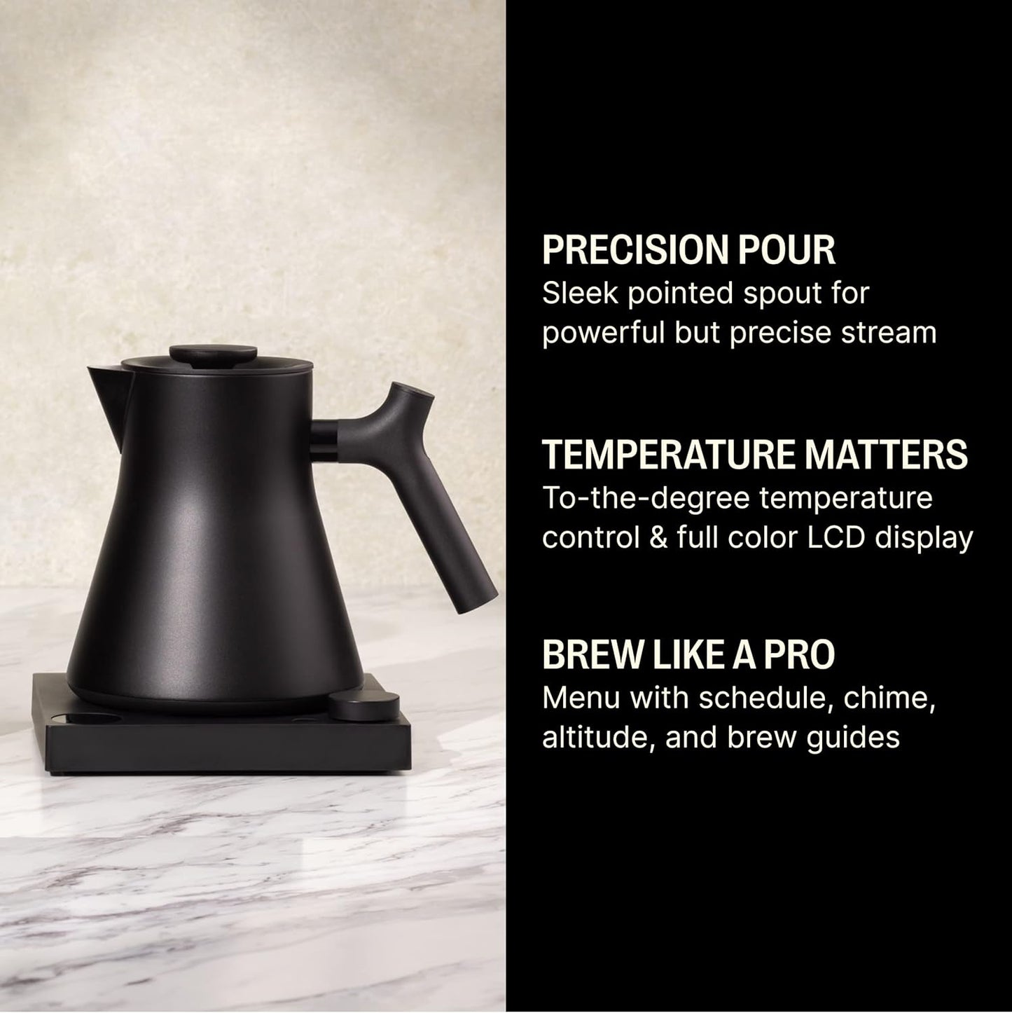 Fellow Corvo EKG Pro Electric Tea Kettle - Quick Heating, Precise Temperature Control Electric Kettle, Scheduling, Built-in Brew Timer for Boiling Water - Matte Black - 0.9 Liter