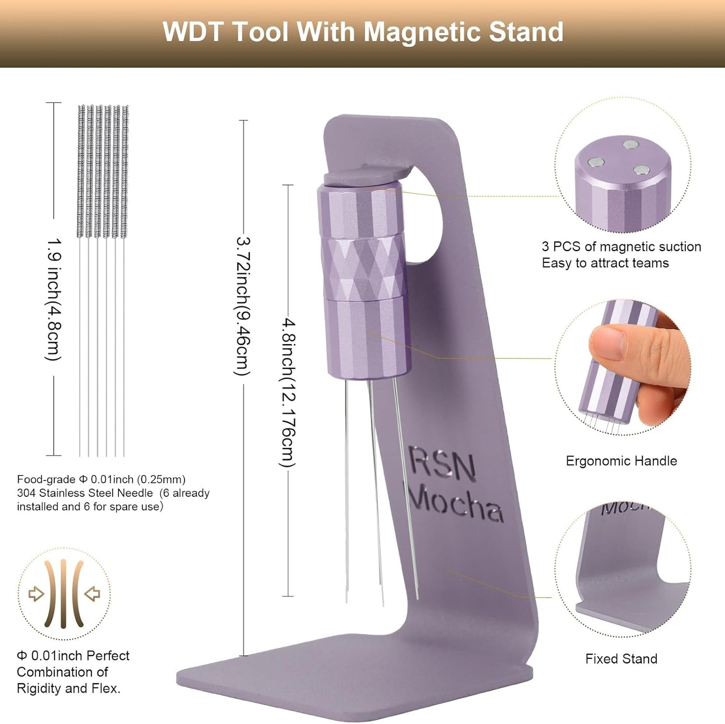 WDT Tool Espresso Distribution Tool,Coffee Distribution Tool with Magnetic Stand, Espresso Accessories with 6 Extra Φ0.25mm Stainless Steel Needles for Barista (Chalk Violet, Φ0.25mm)