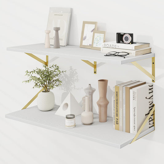 Dreamland White and Gold Shelves,36 inch Shelf, Large Floating Shelf 12 inch Deep Set of 2 for Bookshelf Living Room Bedroom Home Office Bathroom